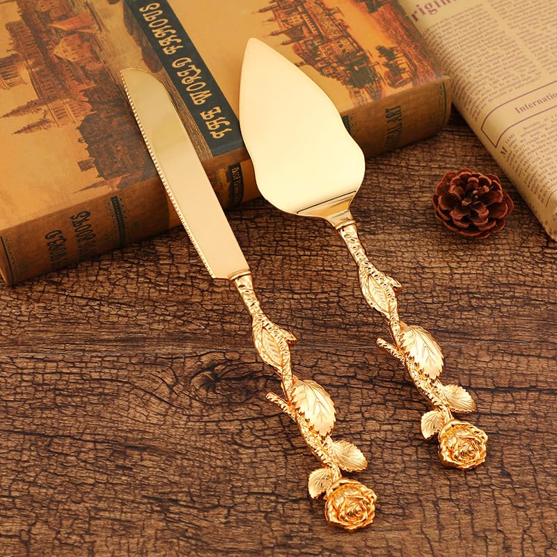 X Hot Popcorn 2 Piece Cake Cutting Set for Wedding Cake Knife and Server Set Cake Cutter Gold Cake Cutting Set for Wedding Birthday Party Kitchen Cutting Serving Desserts