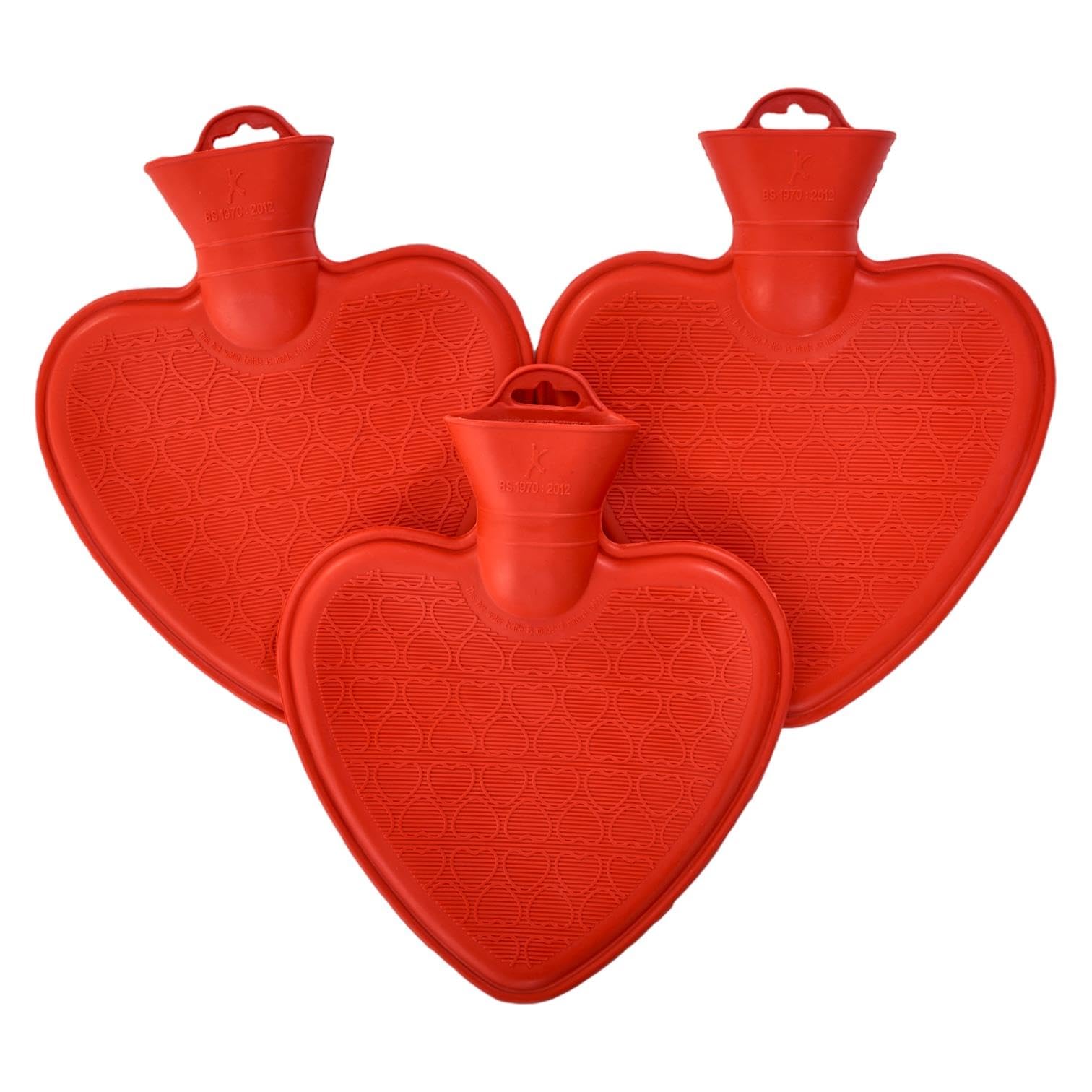 K Collection Pack of 3 Large Heart Shaped Hot Water Bottle - Natural Rubber - 3 x 1 Litre Heart Embossed Ribbed Hot Water Bottles