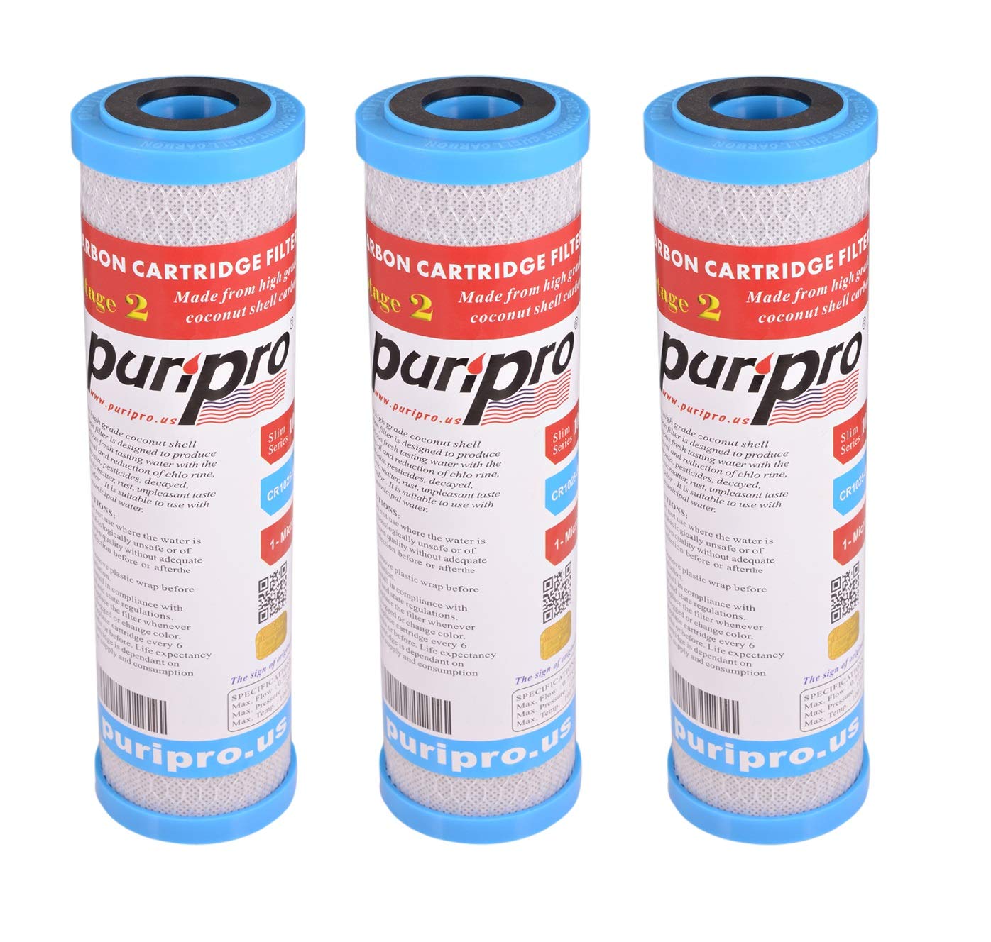 Puri Pro CTO Carbon Filter Pack of 3 Pcs For Reverse Osmosis Under Sink And Counter Top Filter 10" x 2.5"