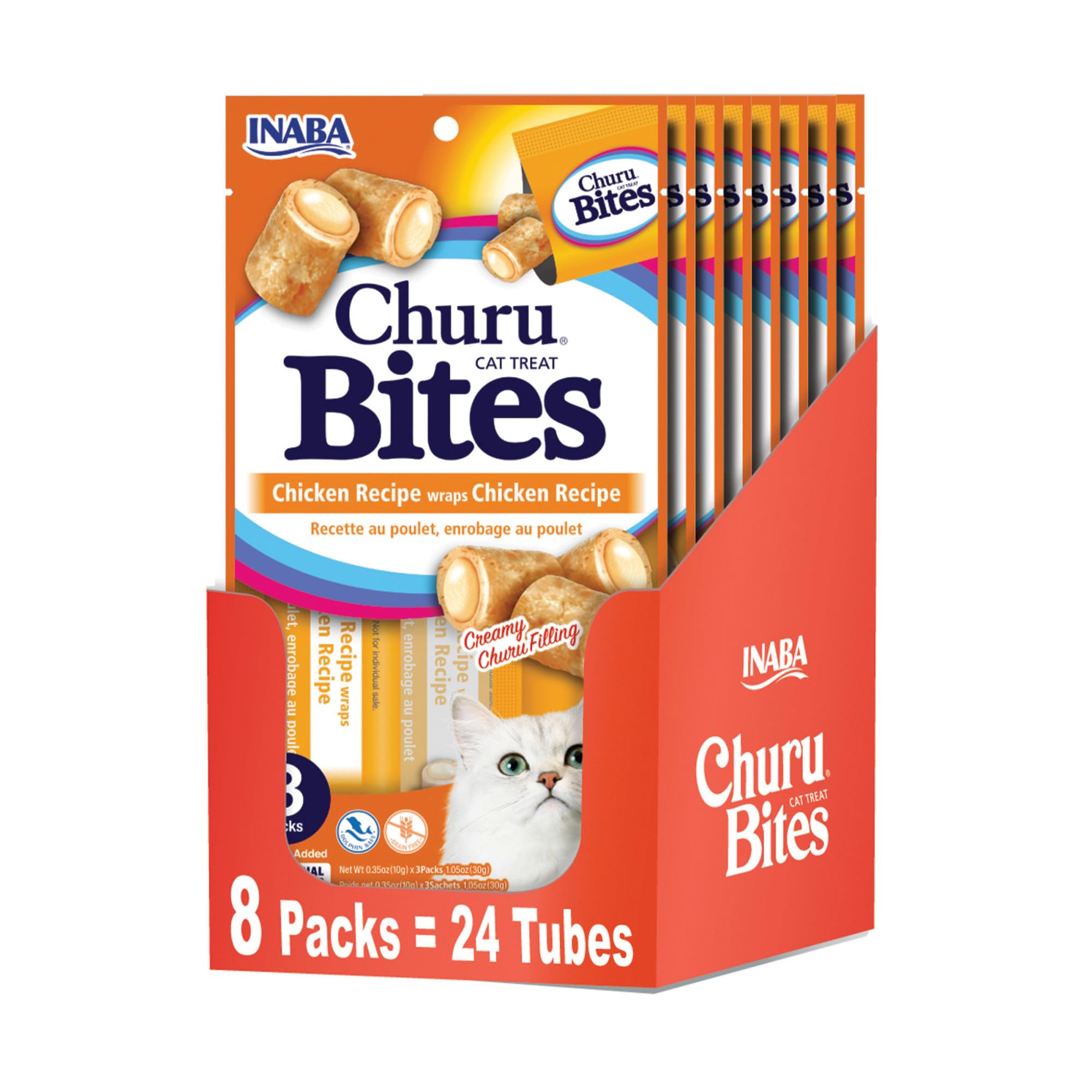 INABA Churu Bites for Cats, Soft Baked Chicken Churu Filled Cat Treats with Vitamin E, 0.35 Ounces Each Tube, 24 Tubes Total (3 per Pack), Chicken Recipe