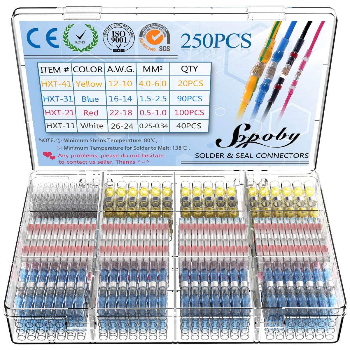 Sopoby Heat Shrink Solder Connector Kit - Automotive Marine Insulated Waterproof Electrical Wire Terminals 250 Pieces