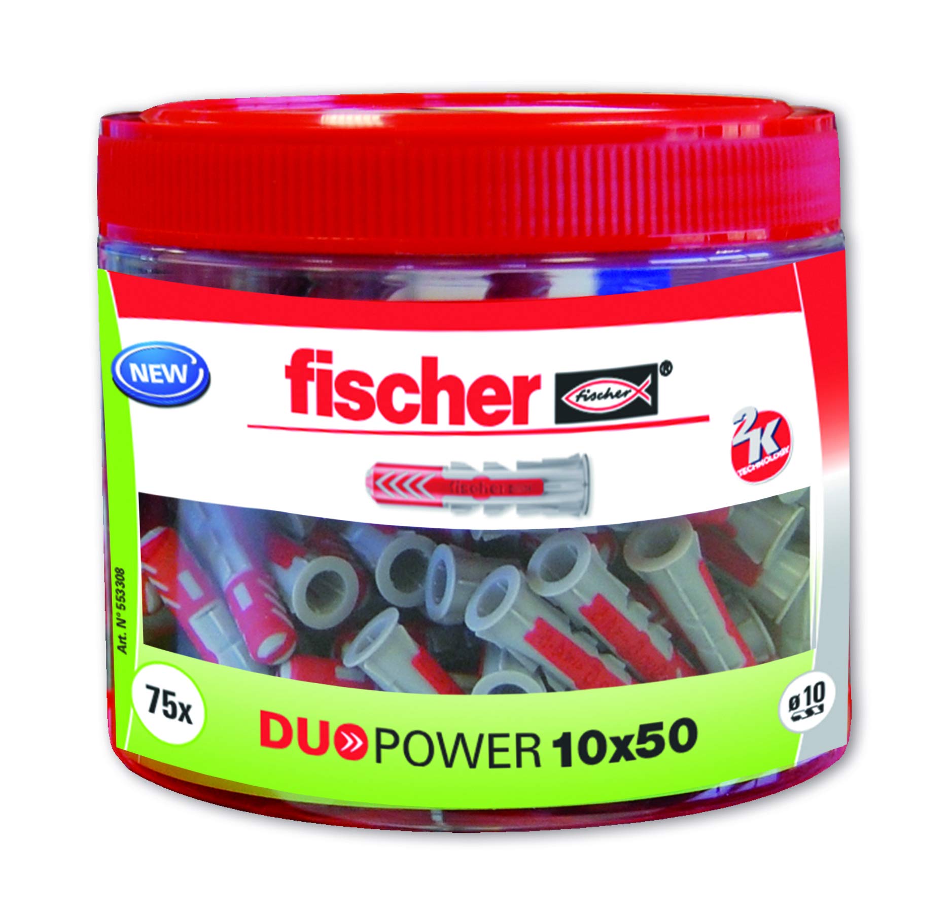 fischer Duopower Round Box-75 pcs, 553308 Nylon Dowel, Grey and Red, 10x50 (Bote 75 Tacos)