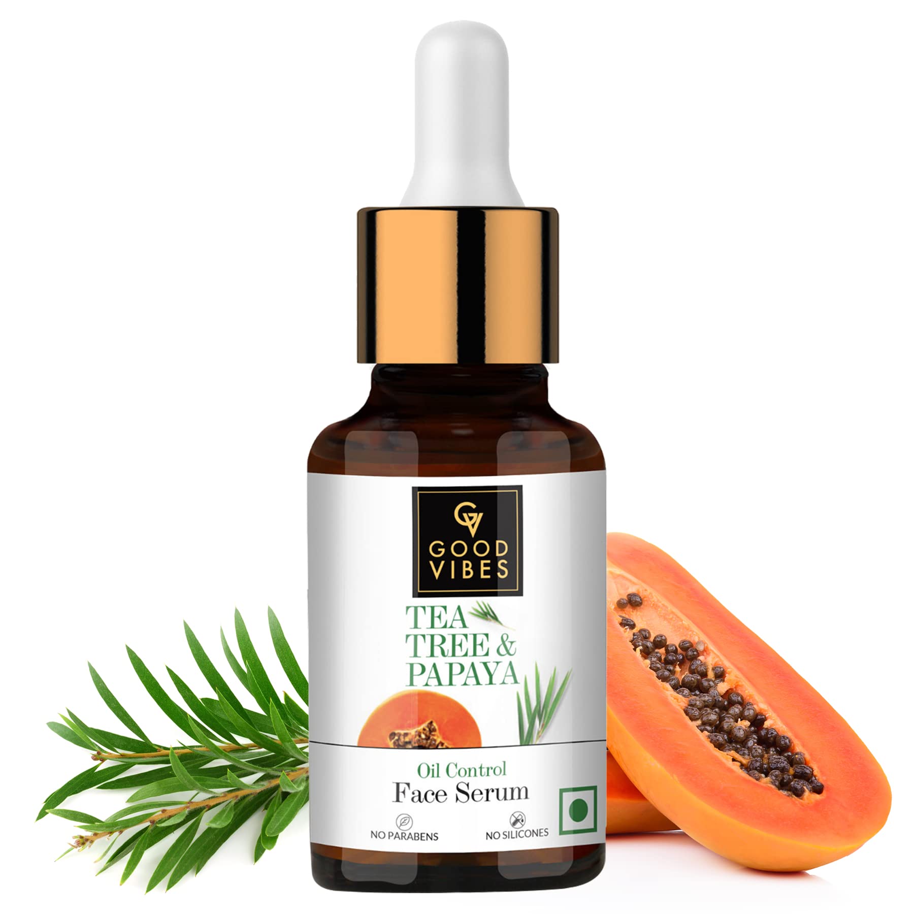 Good Vibes Tea Tree & Papaya Oil Control Face Serum, 10 ml Light Weight Absorbs Quickly Clarifying Formula For Oily Skin Type, Helps Reduce Acne & Blemishes Naturally, No Parabens, No Animal Testing