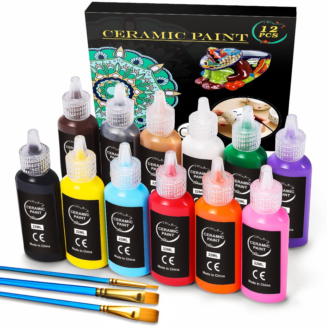 RATEL Ceramic Paint Set, 12 x 22ml Water Resistant Porcelain Paint with 3 Brushes, Ideal Ceramic Colors for Painting DIY Mugs, Cups, Plate, Ceramics, Pottery, Dishwasher Washable Acrylic Paint