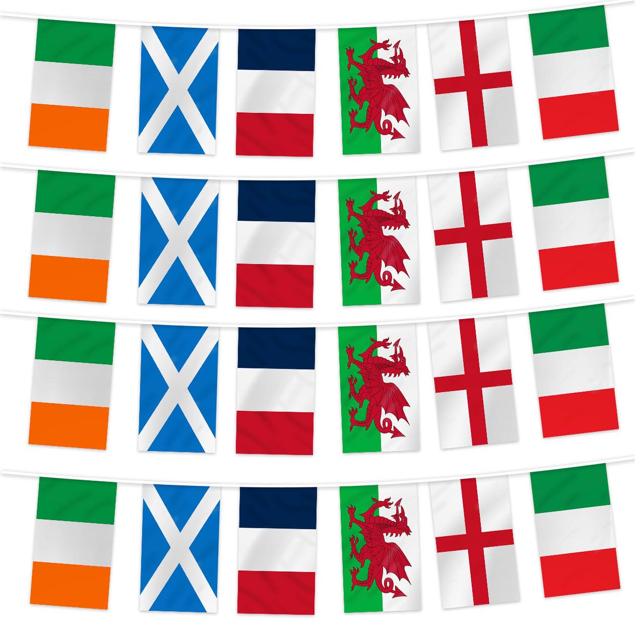 Six Nations Rugby Bunting, 24 Flags -26 ft Long, Fabric Flags of the World England, Scotland, Wales, Ireland, France, and Italy - Great Six Nations Rugby Party Decorations for Pub, Club, and Garden