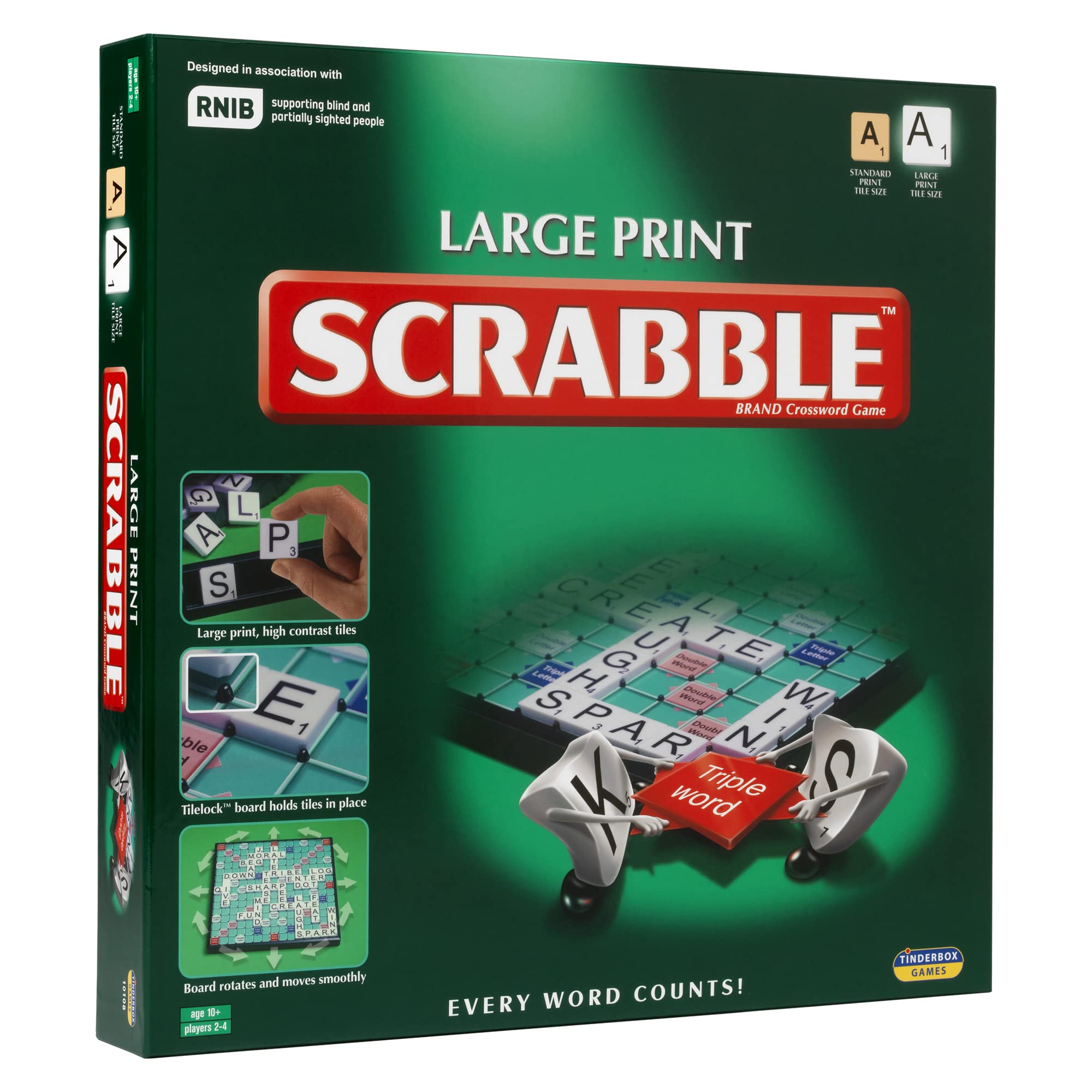 Ideal | Large Print Scrabble: Extra board with clear, large-print text and letter tiles | Games | Word | For 2-4 Players | Ages 10+, 11213, Green, Board: 37cm x 37cm / Tiles: 2.3cm x 2.3cm