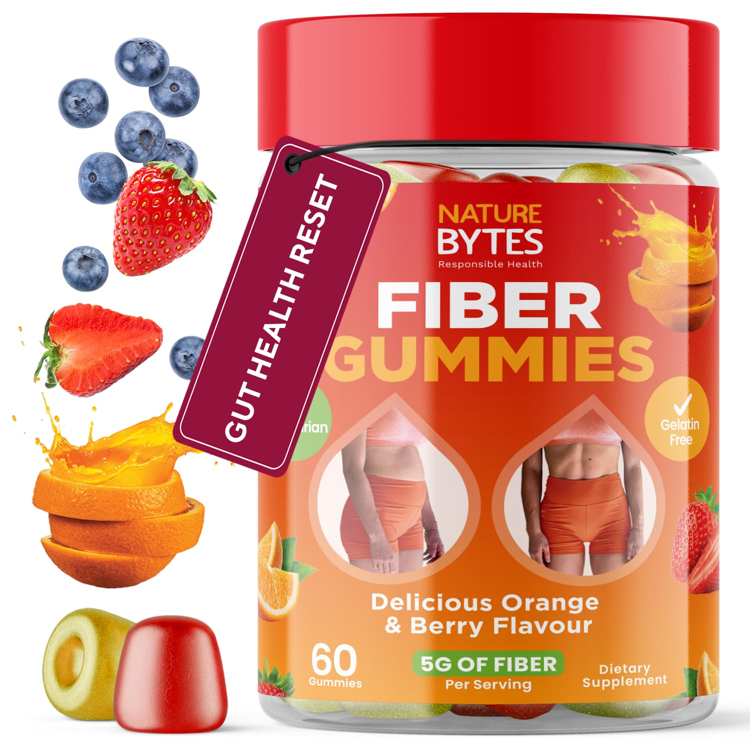 Prebiotic Fiber Gummies for Adults and Kids [15g Inulin Fiber from Chicory Root] for Digestive Health, Bloating, Constipation Relief │Natural Flavoured Berry & Orange Gummy Supplement