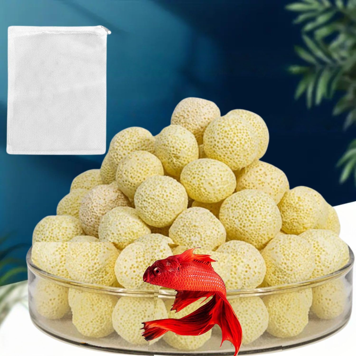 Vayinato 250g Yellow Ceramic Bio Ball with Net Bag for Freshwater Aquarium and Marine Fish Tank Sump Canister Filter Koi Pond Bottom Filteration