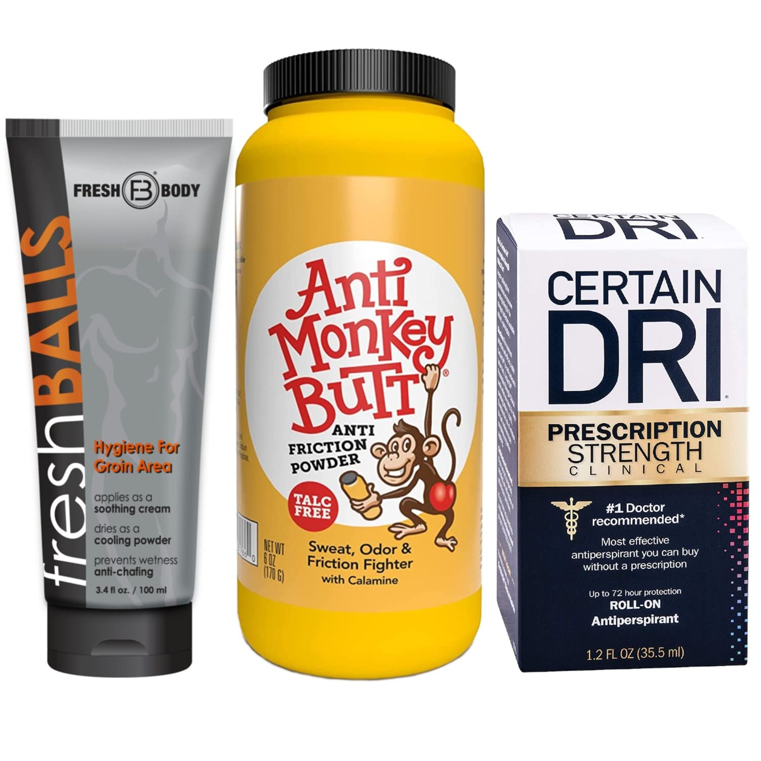 Fresh Body BALLS, Anti Monkey Butt, and Certain Dri 1.2 oz Roll On NO SWEAT BUNDLE Male Antiperspirant Deodorant Hygiene Kit!