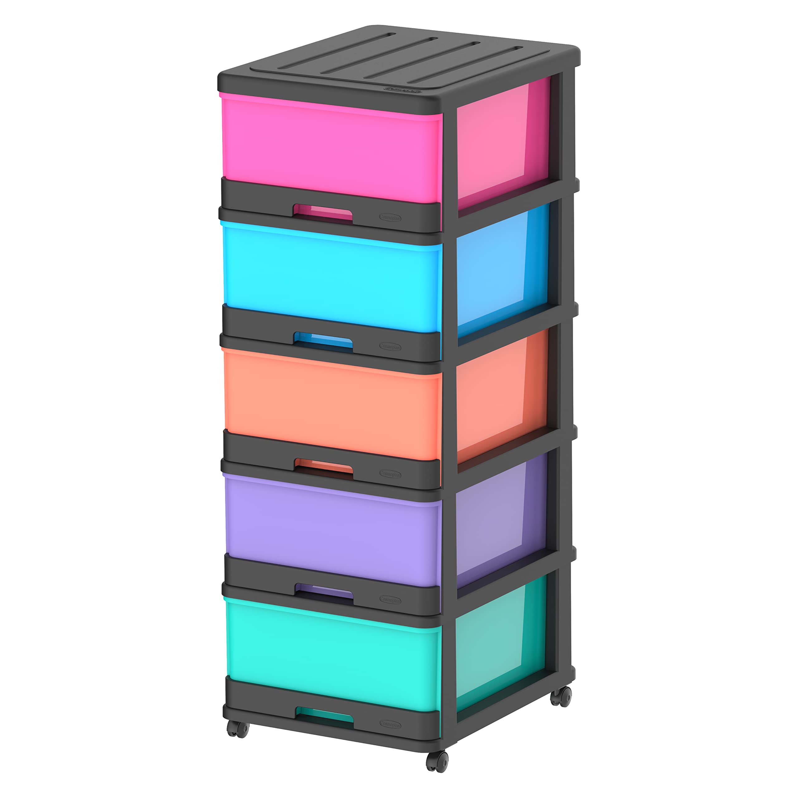 Cosmoplast5 Tiers Storage Cabinet With Drawers And Wheels, Black Mix