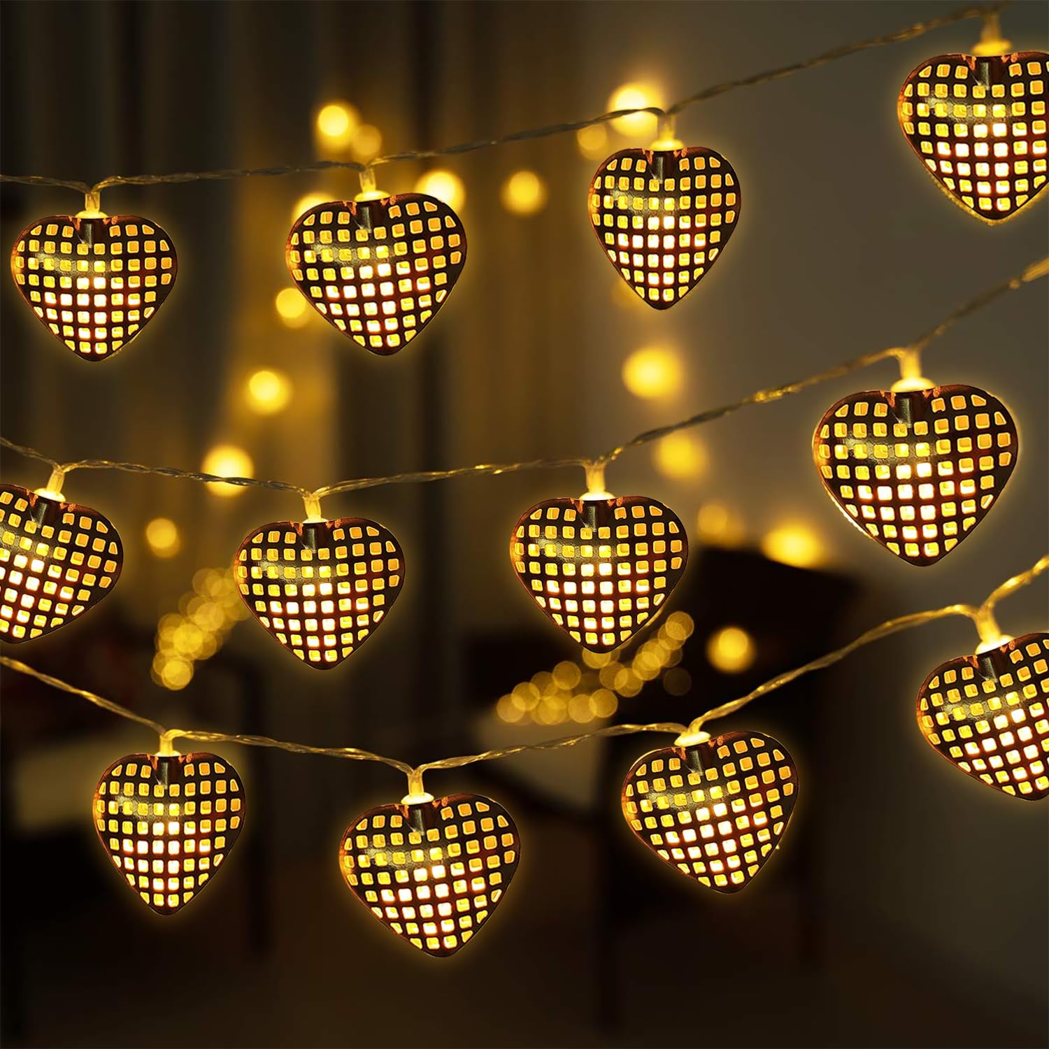 Party Propz Metal Heart Led Lights - 4 Meter, 14 LED Warm Yellow Heart Shape Lights for Decoration, Christmas Decorations Lights, Led Lights for Home Decoration Indoor Outdoor, Christmas Decor