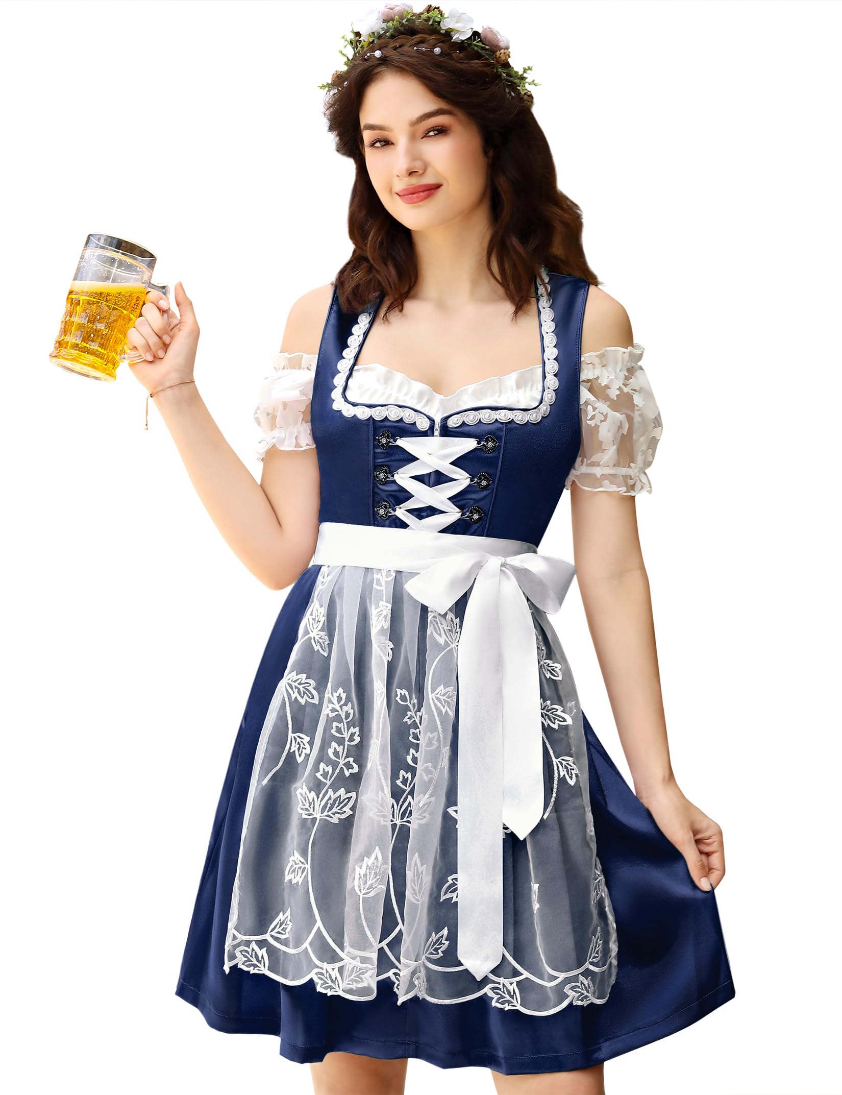 KOJOOIN Women's German Dirndl Dress 3 Pieces Traditional Bavarian Oktoberfest Costumes for Carnival Party