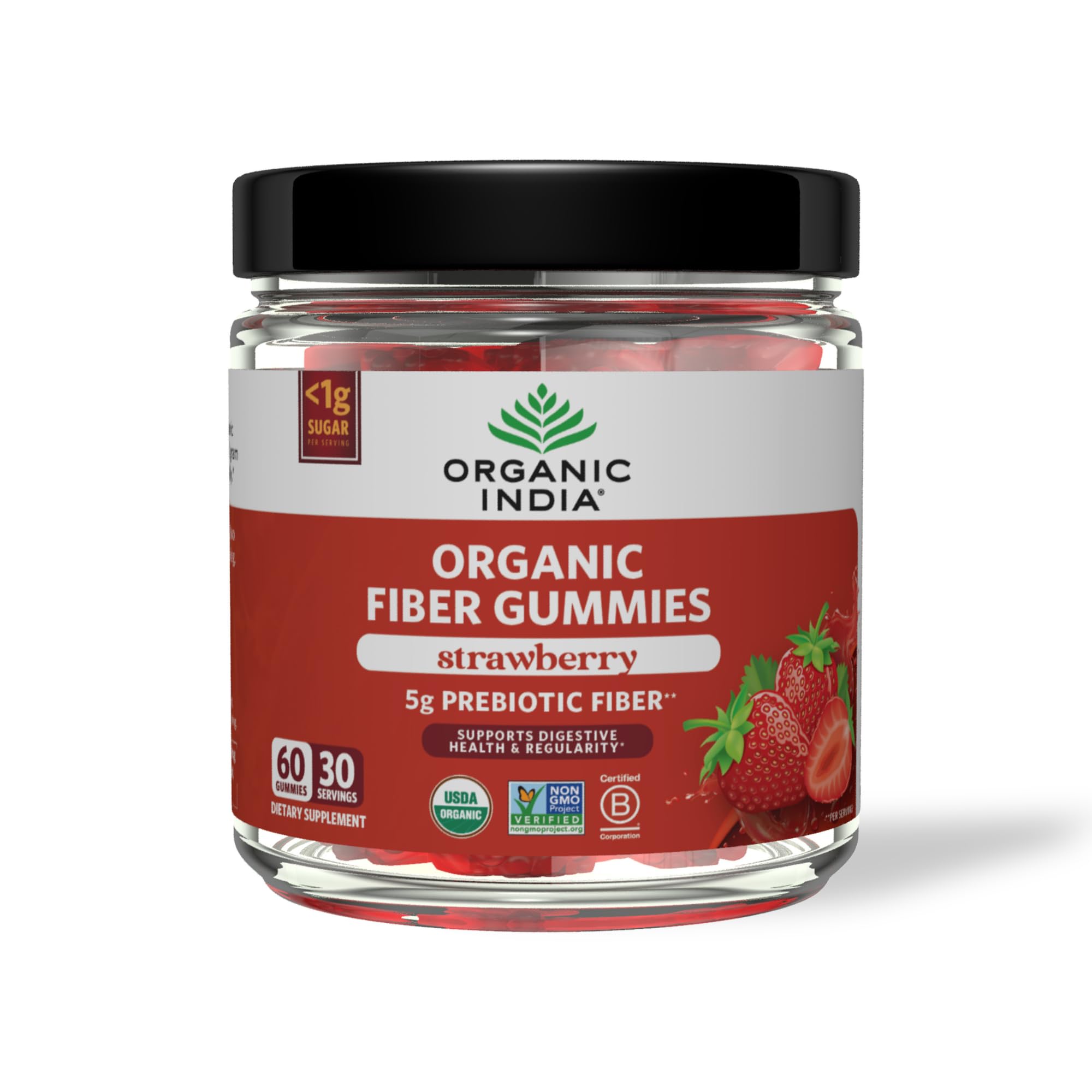 ORGANIC INDIAFiber Gummies for Adults - Prebiotic Fiber, Dietary Supplement, Digestive Health for Men & Women, High Fiber, Vegan, Low Sugar, Non-GMO - Strawberry, 60 Gummies