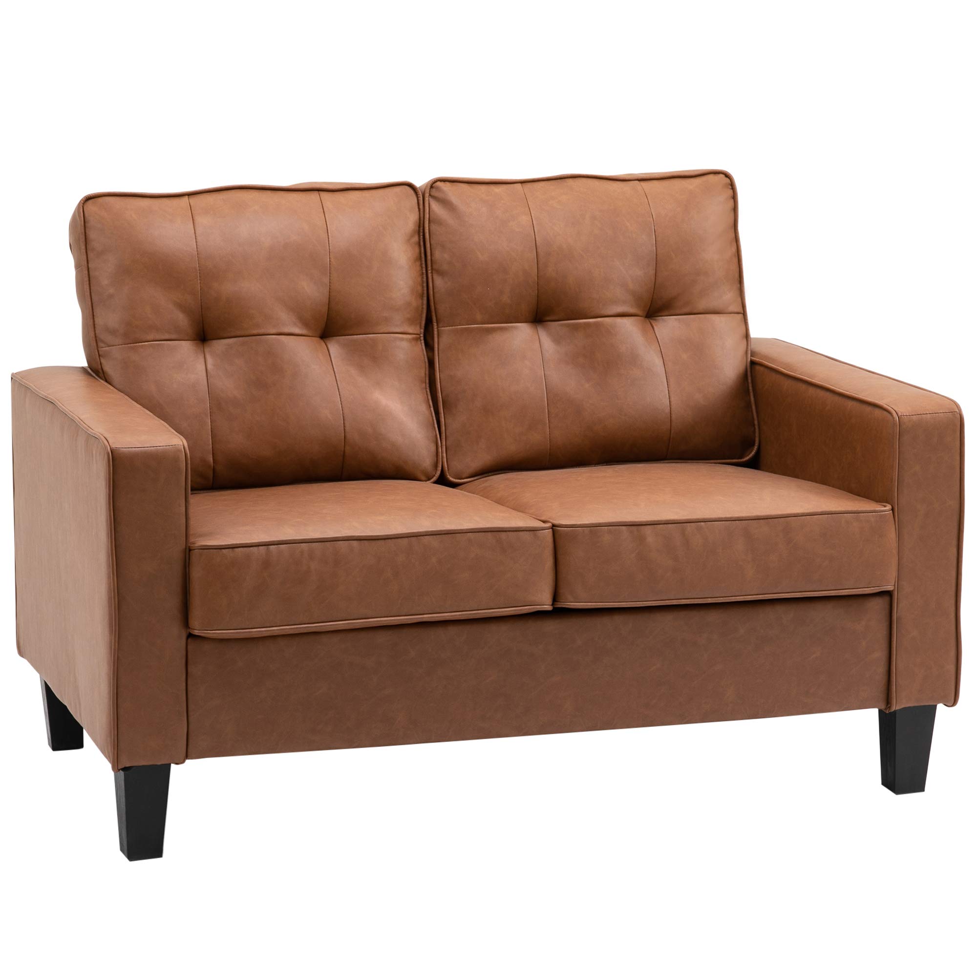 HOMCOM 51" Wide Double Sofa with Armrest, 2-Seater Tufted PU Leather and Pocket Spring Sponge Padded Cushion, Brown