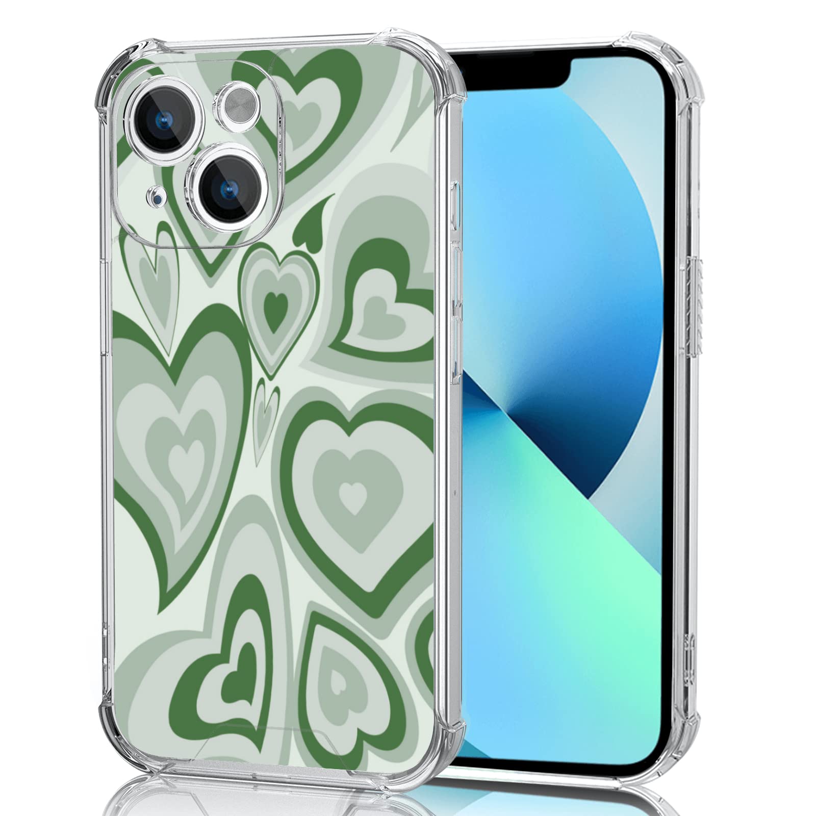 Aiyayafor iPhone 13 Mini 5.4 Inch Case Four Corners Anti-Drop All-Inclusive Lens - Cute Sage Green Love Heart Aesthetic iPhone 13 Mini Case Clear for Girls Women