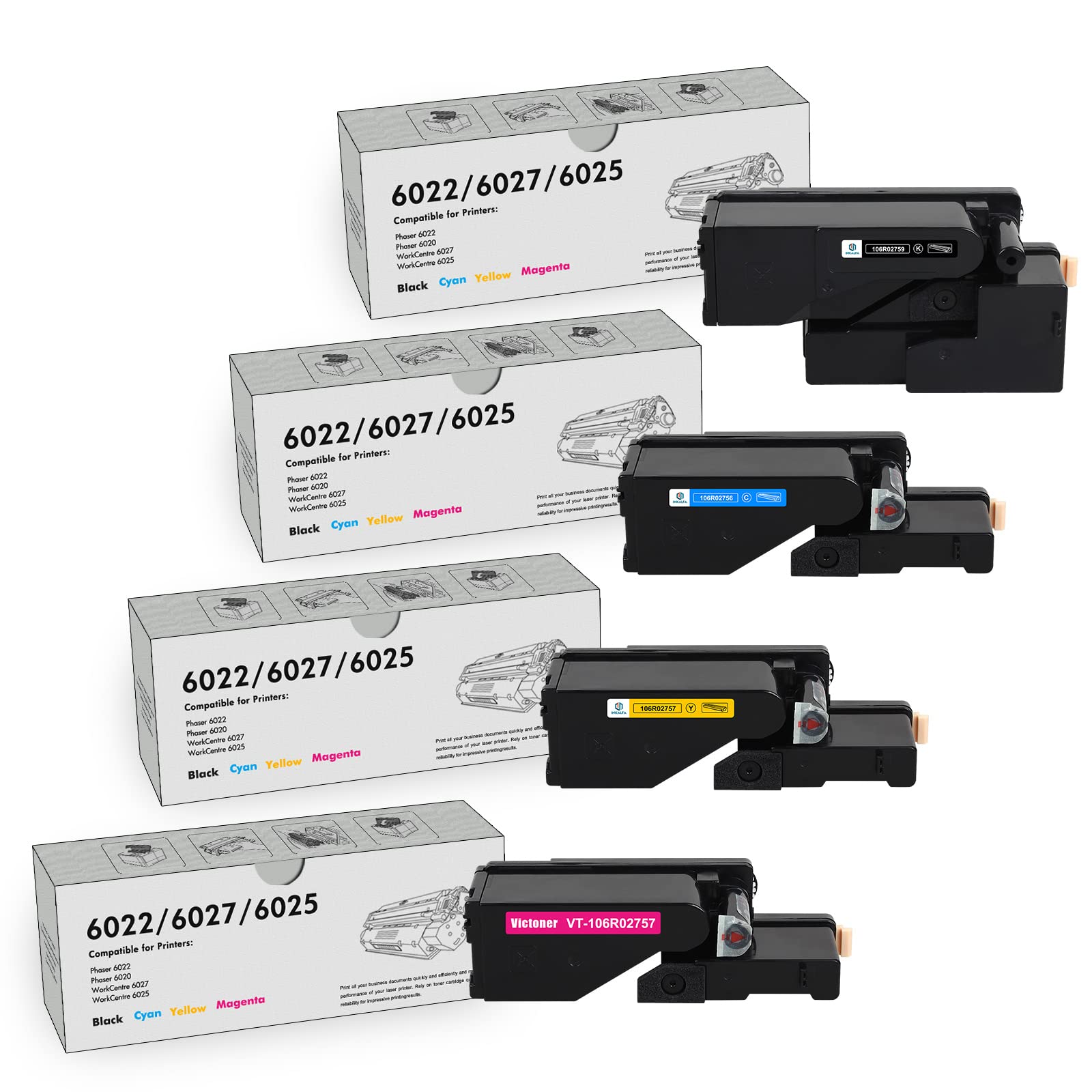 WorkCentre 6027 6022 Toner Cartridges 4-Pack Compatible for Xerox Phaser 6022 6027 6020 WorkCentre 6027 6025 Printer (1 Black 106R02759 1 Cyan 106R02756 1 Magenta 106R02757 1 Yellow 106R02758)