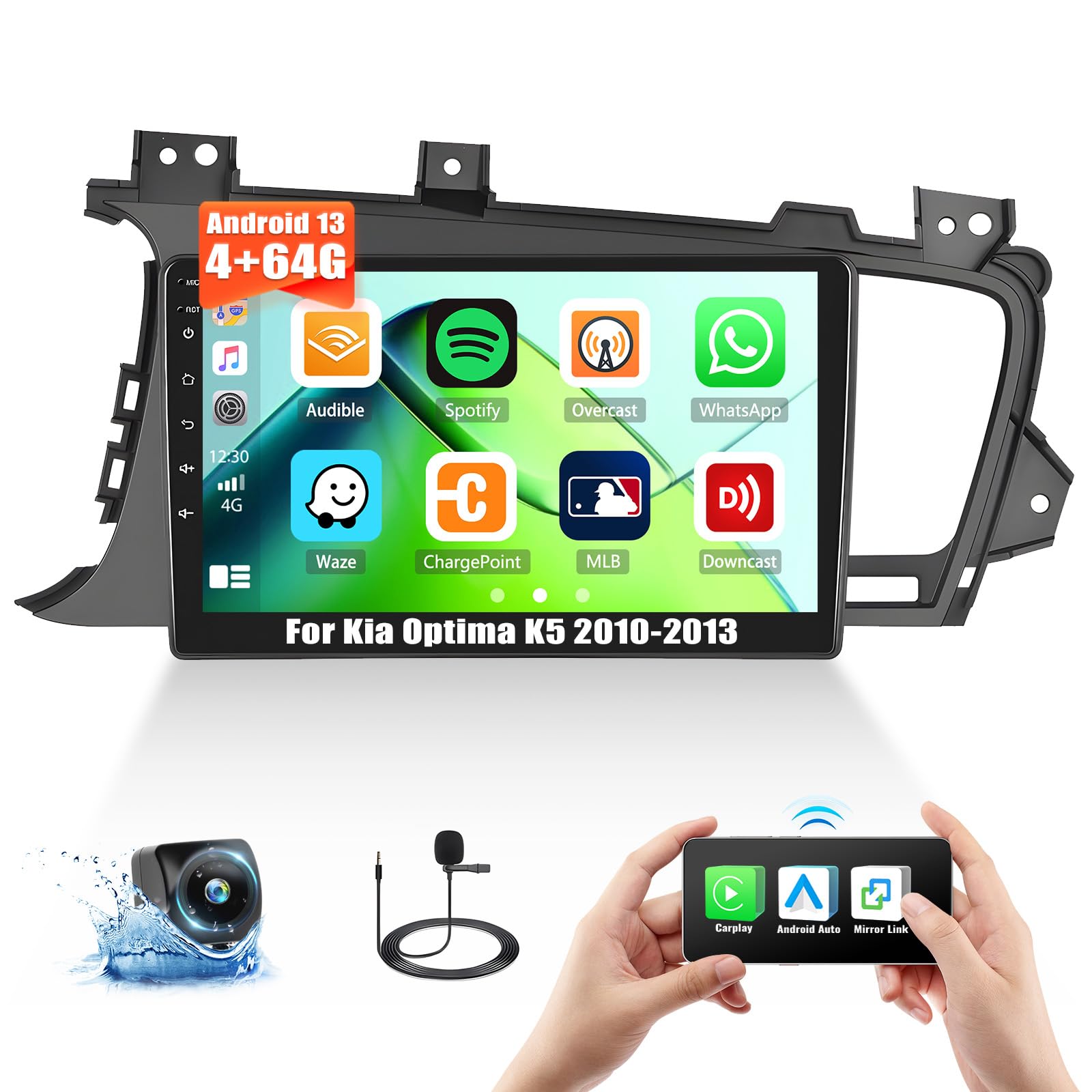 [4+64G] 8-Core Android 13 Car Stereo for Kia Optima K5 2010-2013 with Apple Carplay&Android Auto,9 Inch Car Radio with Mirror Link Bluetooth FM/RDS WiFi GPS Navigation SWC Dual USB+AHD Backup Camera