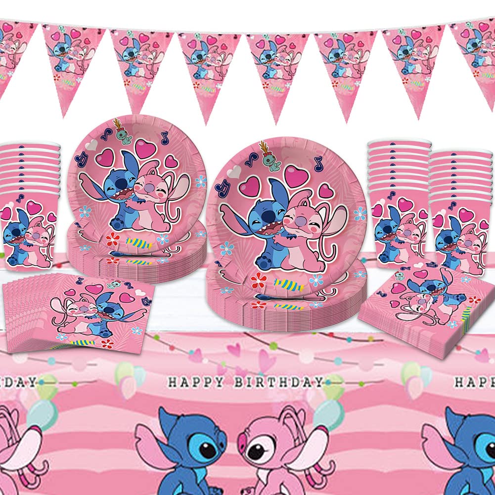 Amycute Lilo Stitch Party Supplies Tableware Set 20 Guests, Stitch Birthday Decorations for Kids Include Paper Plates Cups Napkins and Tablecloth