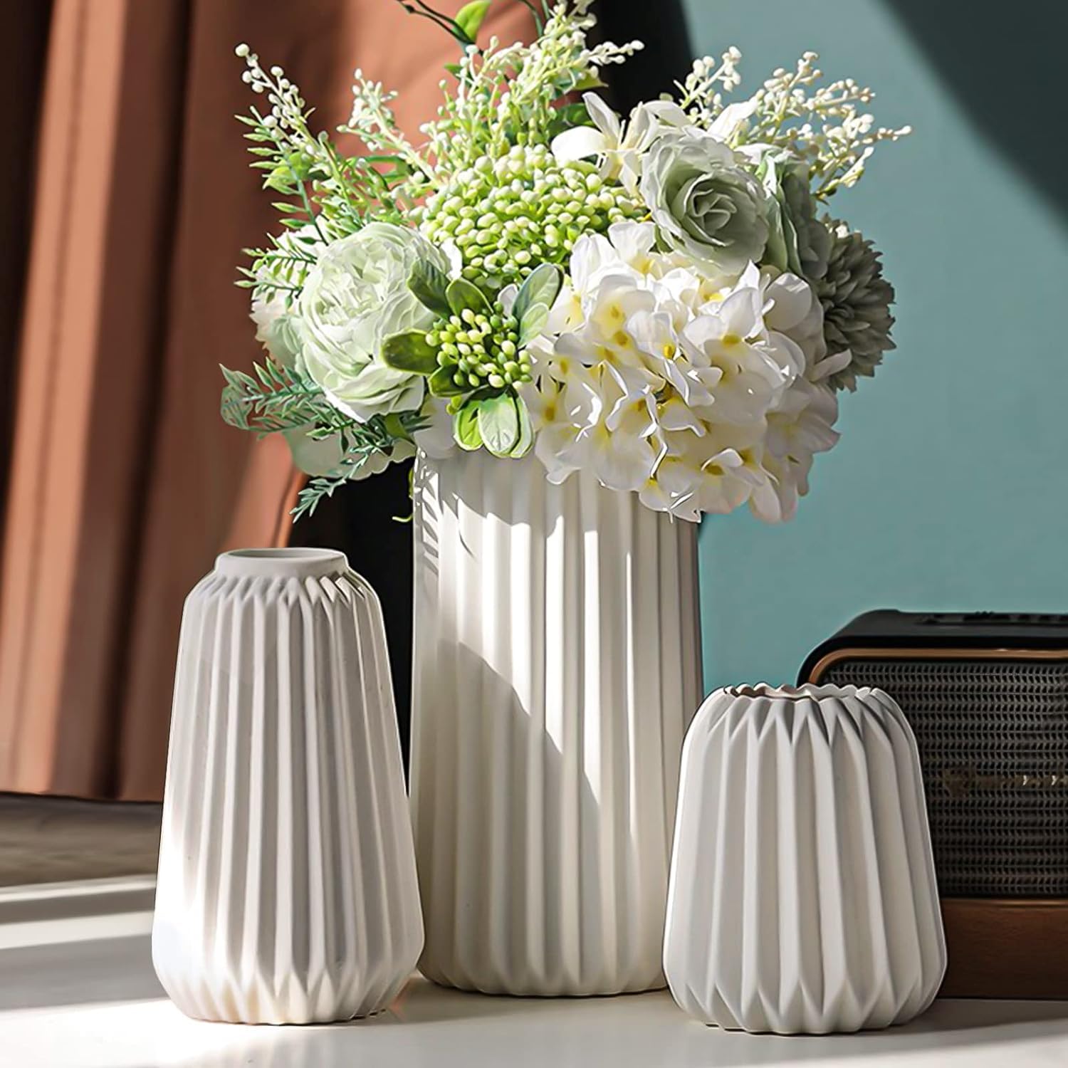 White Ceramic Vase for Home Decor, Modern Round Matte Texture Vases for Pampas Grass, Boho Minimalism Style Flower Vases for for Table Decor, Living Room Decor, Wedding Dinner Decor (A - Set of 3)