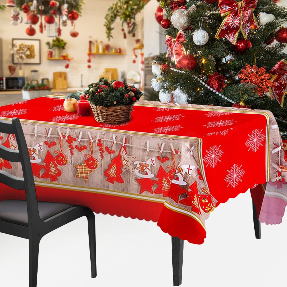 VDSOW Christmas Table Cloth, Red Christmas Tablecloth Rectangular Party Table Cover Dining Tablecloths 180 x 150 cm Long, Large Washable Xmas Table Cloth and Runner (Snowflakes)