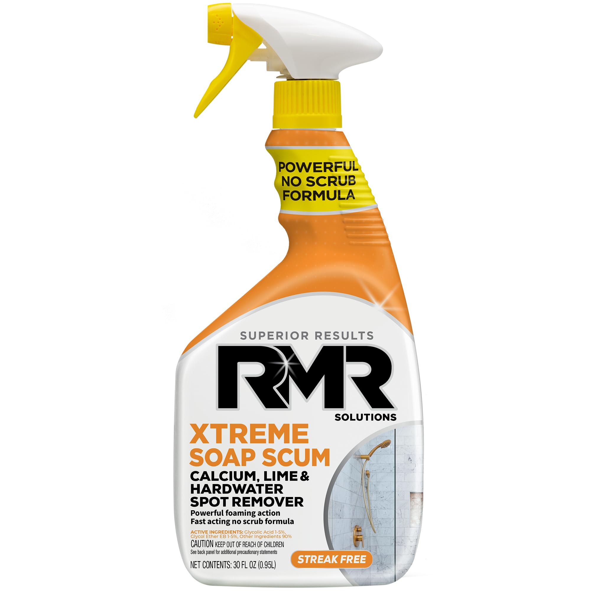 RMR - Xtreme Soap Scum Remover, Fast-Acting, No-Scrub Bathroom Cleaner for Soap Scum, Calcium, Hard Water, Limescale, and Shower Tile Residue, Bleach-Free, 30-Fluid Ounce Spray Bottle