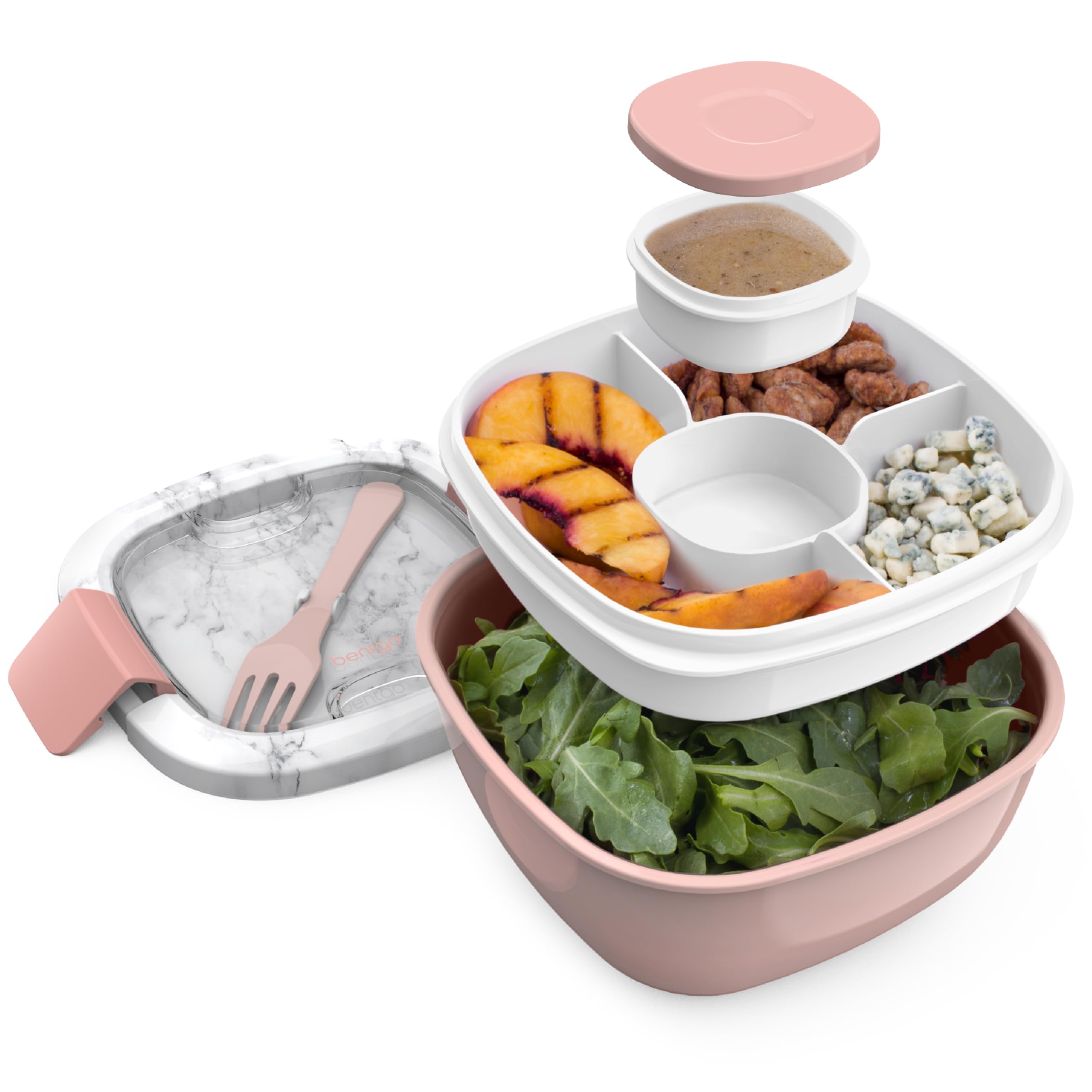 Bentgo Salad BPA-Free Lunch Container with Large 54-oz Bowl, 3-Compartment Bento-Style Tray for Salad Toppings and Snacks, 3-oz Sauce Container for Dressings, and Built-In Reusable Fork (Blush Marble)