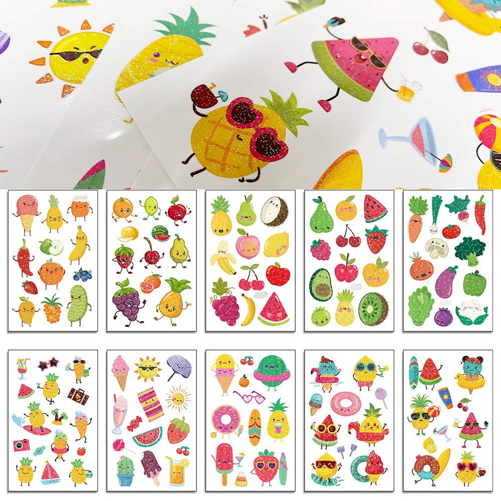 Flash Temporary Tattoo Stickers for Kids Glitter Fake Tattoos Cartoon Fruits Pattern Birthday Party Favors Supplies Face Arm Hands Back Decorations for Children Gift