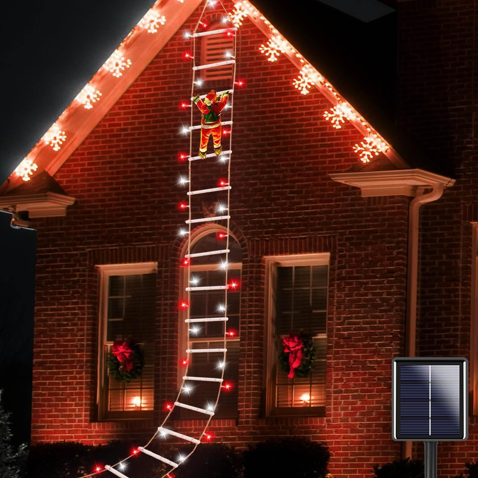 Red White Solar Christmas Lights on 10FT Ladder with Santa Claus, Larger Solar Powered Outdoor Christmas Decorations Waterproof for Outside House Tree Wall Yard, Auto On/Off & 8 Modes (Red&White)