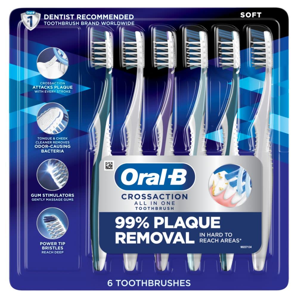 Oral-BPro Health CrossAction All in One Soft Toothbrushes, Deep Plaque Fighter, Rounded Bristles Gentle on Teeth, Tongue and Cheek Cleaner, Gum Stimulators, 6 Count, Tooth Brush Pack