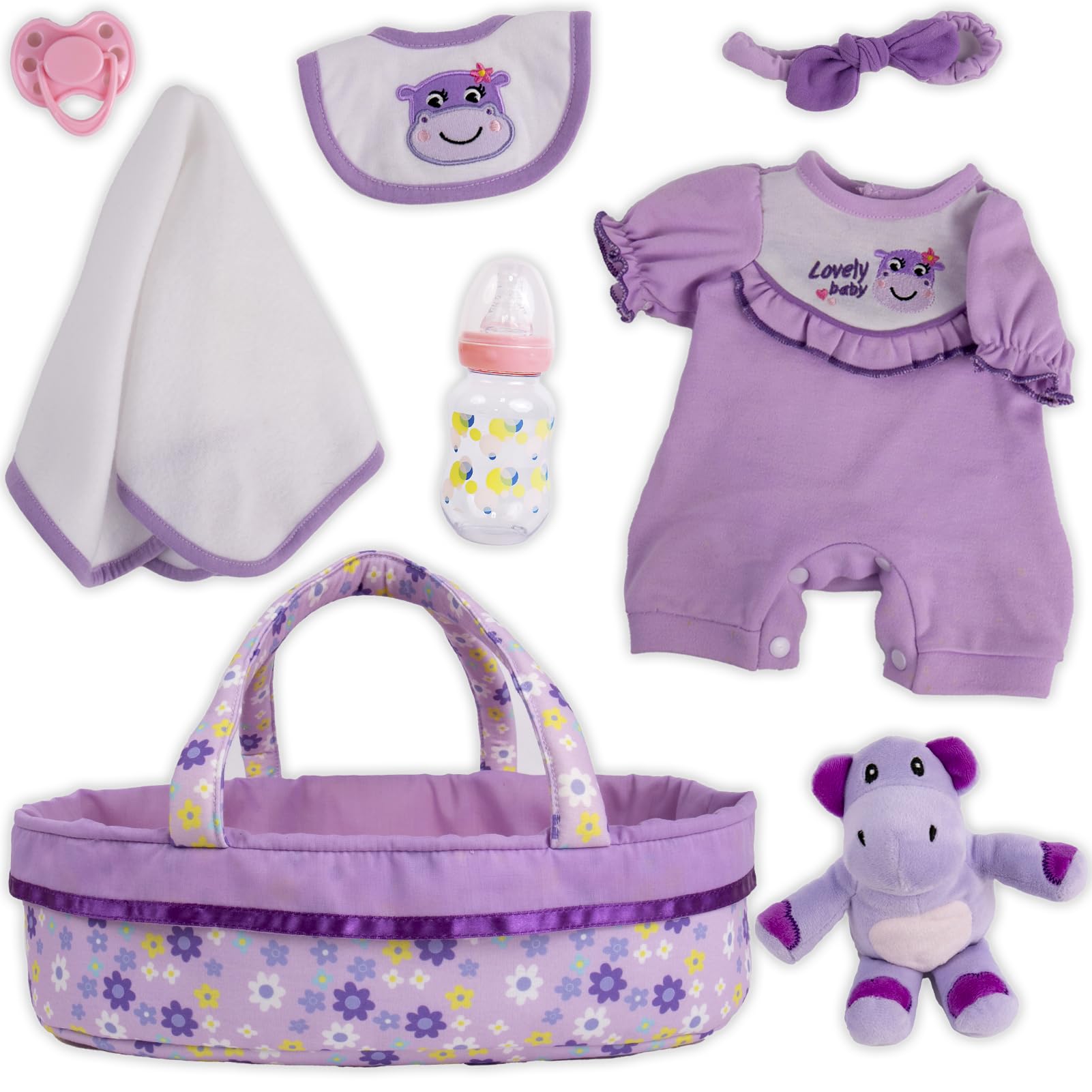 Aori 8 Pcs Reborn Baby Dolls Clothes with Bassinet for 16-18 Inch Baby Doll, Purple Carrier Bed and Baby Doll Clothes Accessories fit Newborn Girl Doll