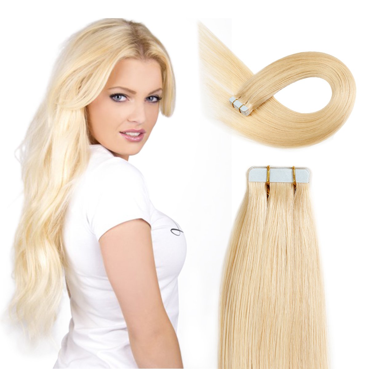 Tape in Hair Extensions Human Hair 16 inch 40g/pack 20pcs Seamless Skin Weft Remy Straight Hair (#613) Blonde