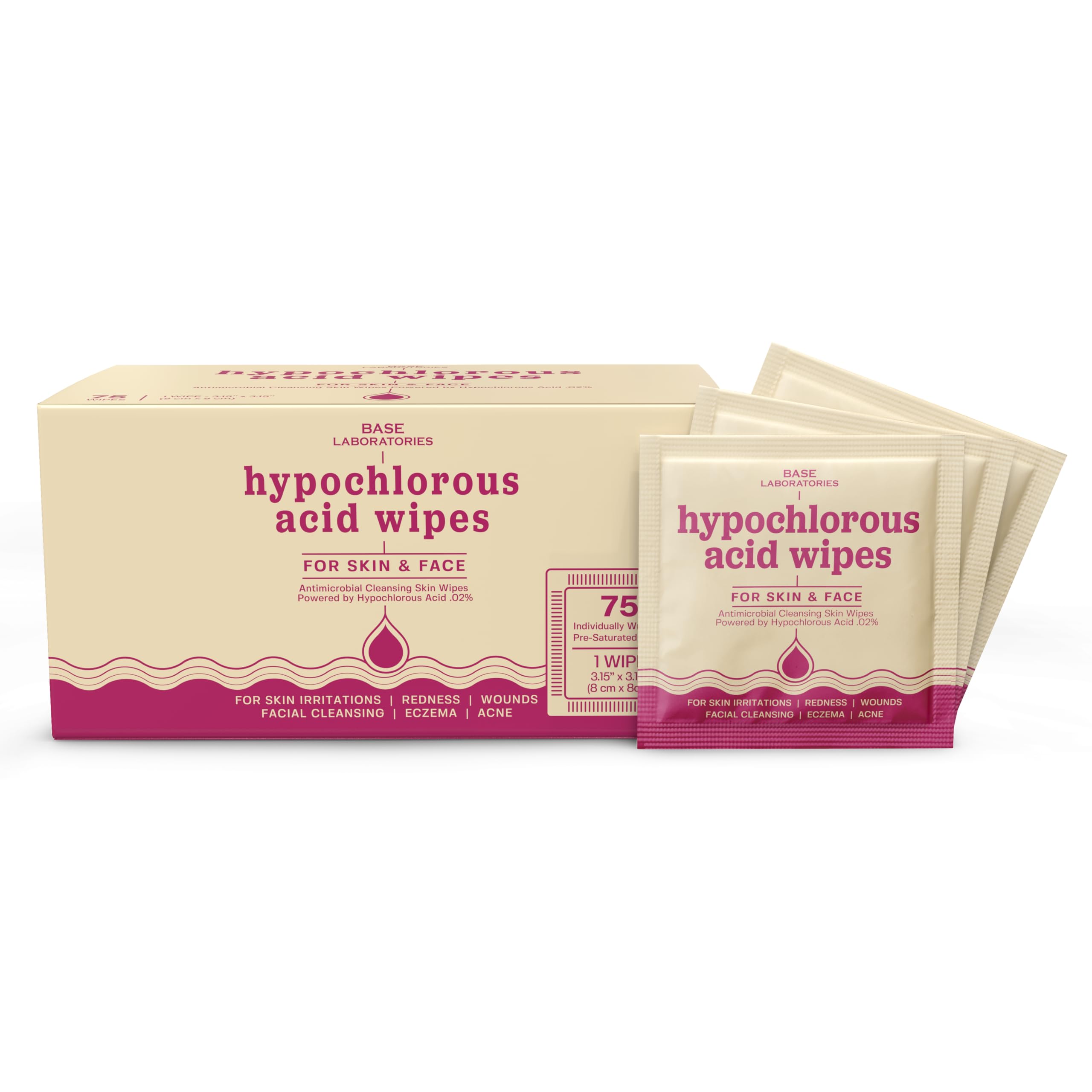 BASE LABORATORIES Hypochlorous Acid Wipes | Saline Solution and HOCl Infused Wound Cleaning Wipes for Skin & Face | Cleanses, Sanitizes & Soothes Skin Irritations, Piercings, Acne & Eczema | 75 Wipes