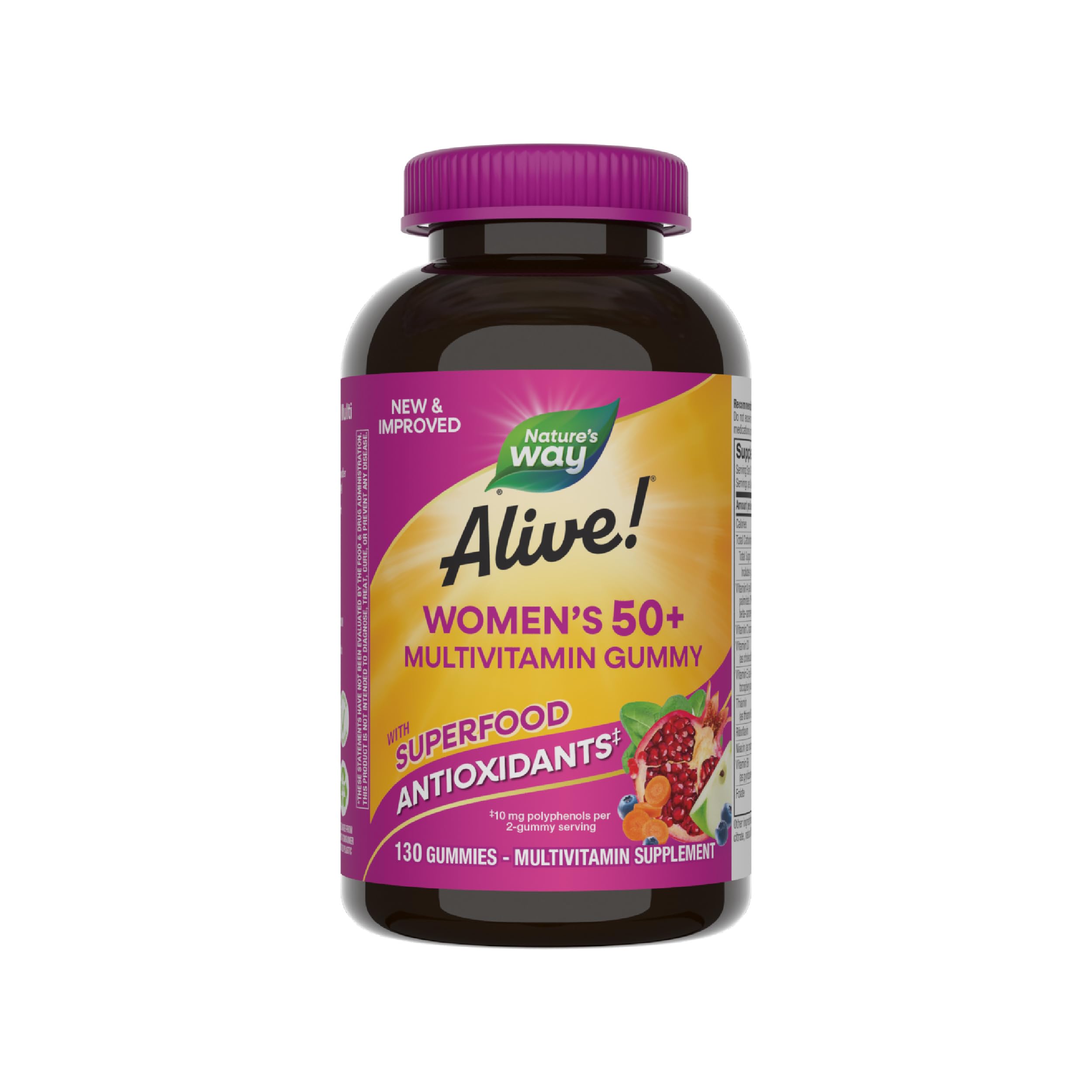 Nature's Way Alive! Women’s 50+ Daily Gummy Multivitamins, Supports Multiple Body Systems*, Supports Healthy Heart, Brain & Bones,* B-Vitamins, Mixed Berry Flavored, 130 Gummies (Packaging May Vary)