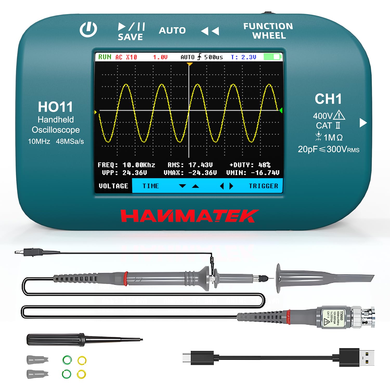 HANMATEKHO11 Handheld Digital Oscilloscope - 10MHz Bandwidth, 48MSa/s High-Precision Sampling, 2.8" TFT Display, USB Rechargeable, Advanced Trigger System, Portable for Fieldwork