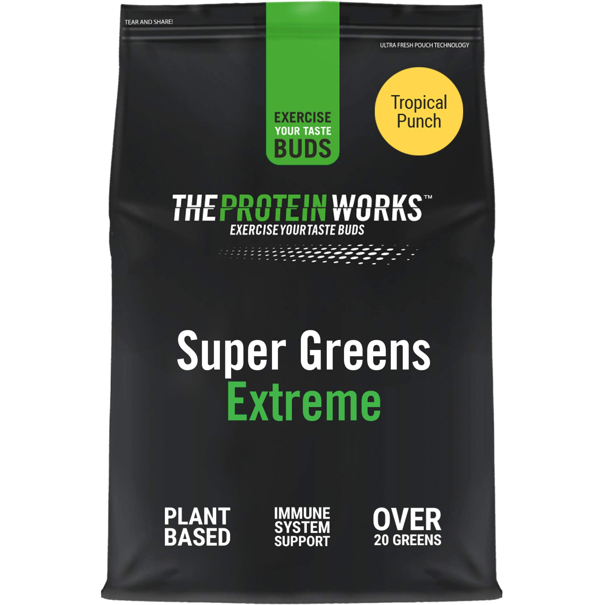 Protein WorksSuper Greens Extreme , 150+ Health Benefits , 41 Active Ingredients , Vegan & Gluten Free , No Added Sugar , 20 Servings , Tropical Punch , 250g