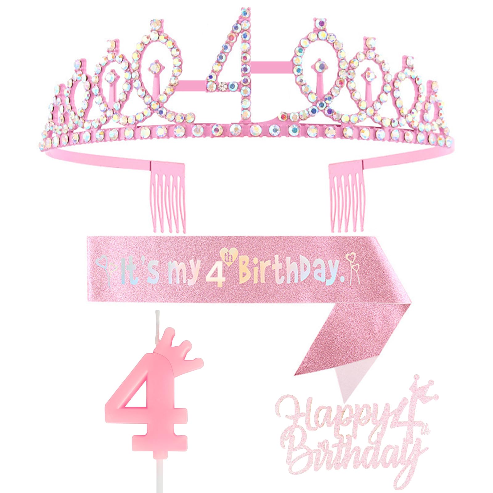 Yiran Pink 4th Birthday Decorations for Girls, with It's My 4th Birthday Sash and Tiara Crown, Cake Topper, Birthday 4 Candles, 5th Birthday Gifts Party Decorations, 4th Birthday Decoration for Girls