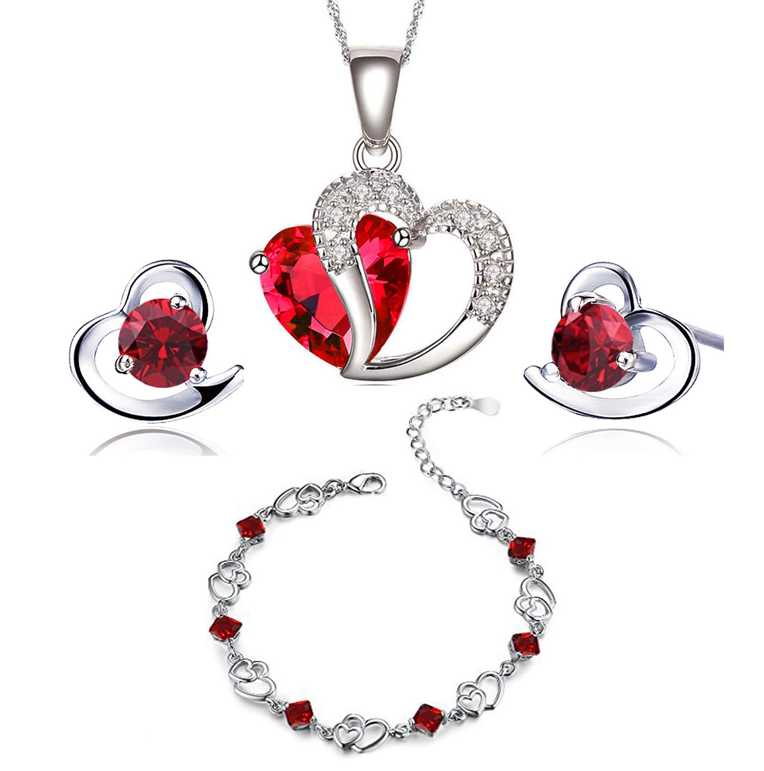 Findoutlove heart jewellery set silver necklace silver earrings silver bracelets Amethyst red pink blue white Crystal Heart Silver pendant Necklace + stud earrings sets gift for women girls with jewellery box silver chain