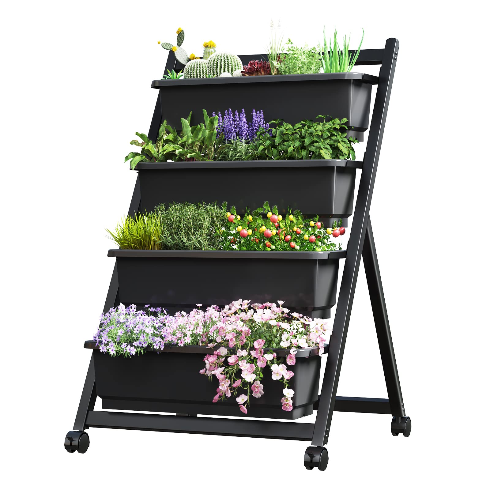 FLEXIMOUNTS Vertical Raised Garden Bed w/Wheels,4 Tiers Freestanding Vertical Garden Planters with Lockable Caster Wheels and 4 Drainage Boxes, fit to Grow Vegetables Flowers on Patio Balcony Garden