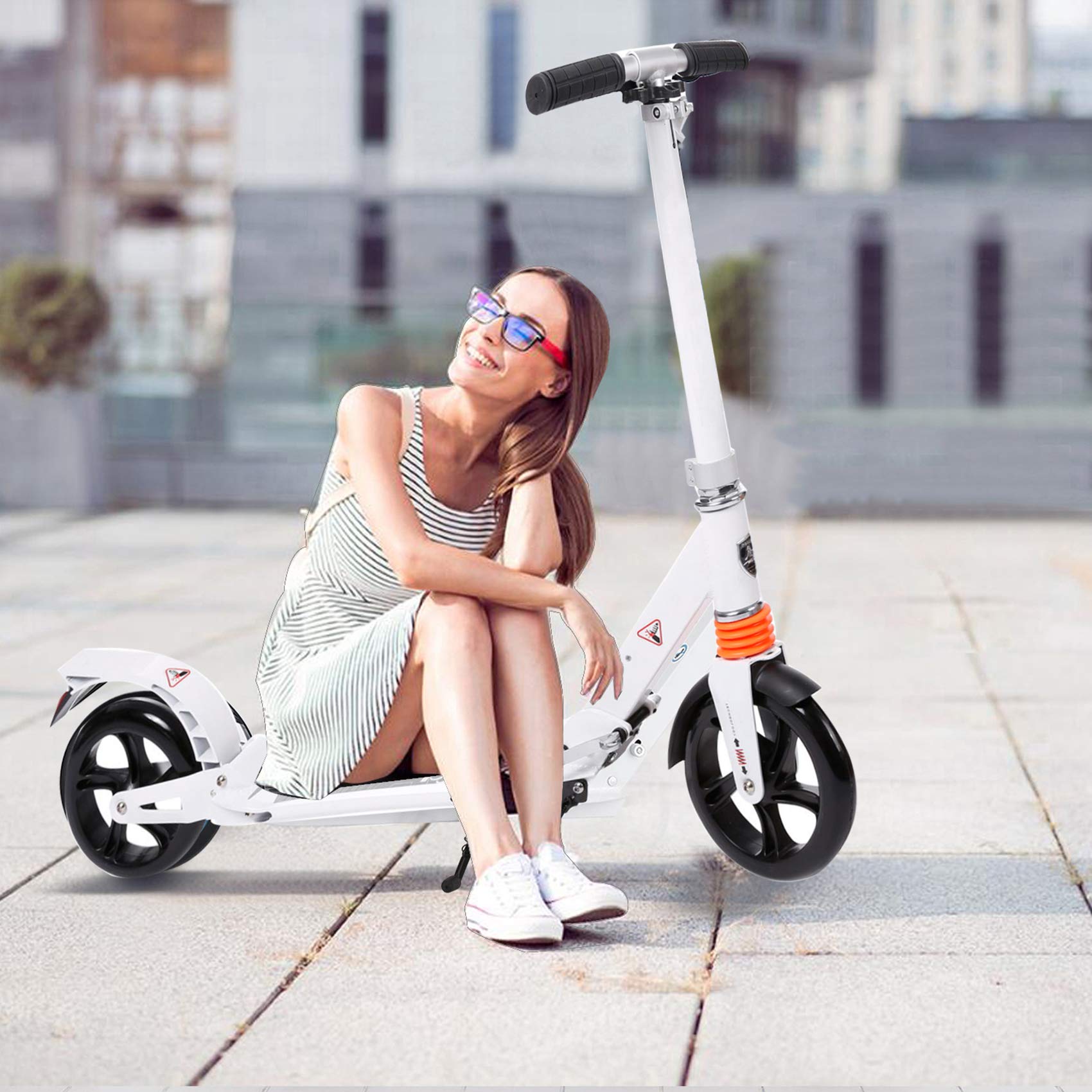 Angotrade Kids/Adult Scooter with 3 Seconds Easy-Folding System, 220lb Folding Adjustable Scooter with Foot Brake and 200mm Large Wheels (White)