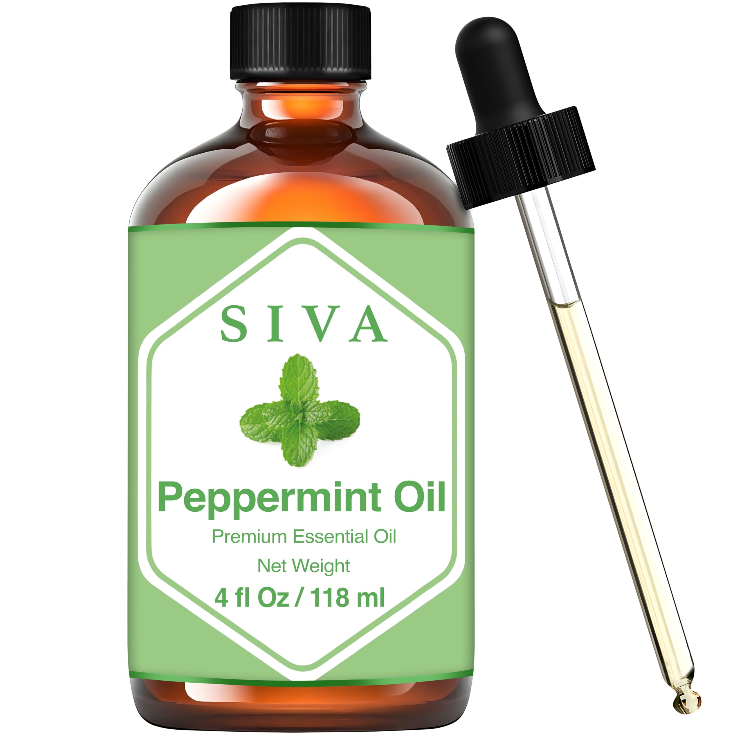 SIVA Peppermint Essential Oil - 4 Fl Oz – Natural Peppermint Oil - for Diffuser, Face, Skin Care, Aromatherapy, Hair Care, Scalp and Body Massage - with Dropper