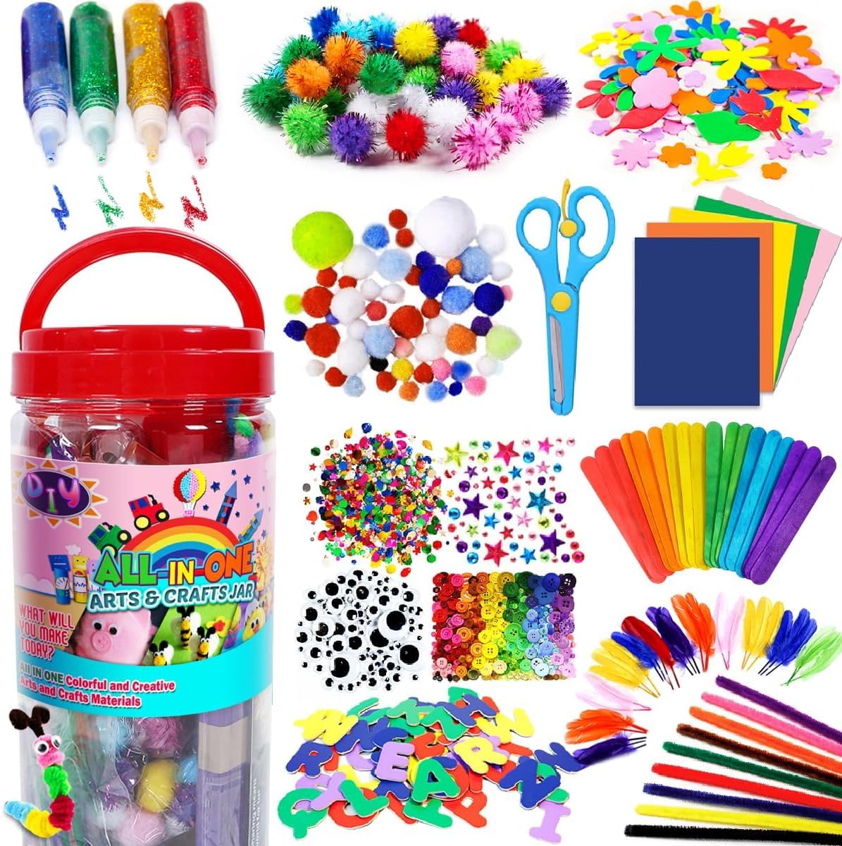 FUNZBO Arts and Crafts Supplies for Kids - Christmas Craft Kit with Glitter Glue Stick, Pipe Cleaners Craft & Craft Tools, DIY School Supplies Kit, Girls Toys, Gifts for Girls and Boys Age 4+