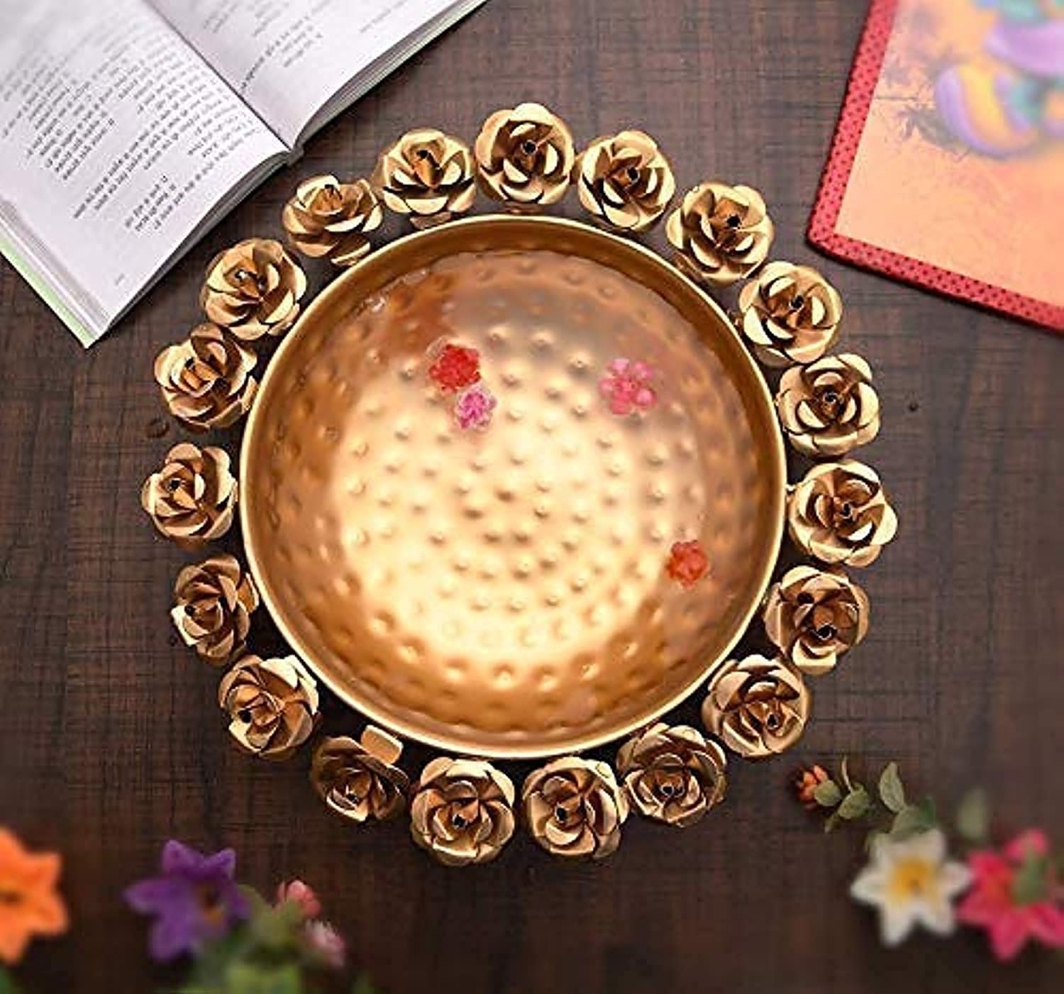 JR Handicrafts World Round Flower Border Designer Urli(Set Of 1)Decorative Beautiful Handcrafted Bowl For Floating Flowers&Tea Light Candles Home,Office And Table Decor Special For Diwali Gift,Gold