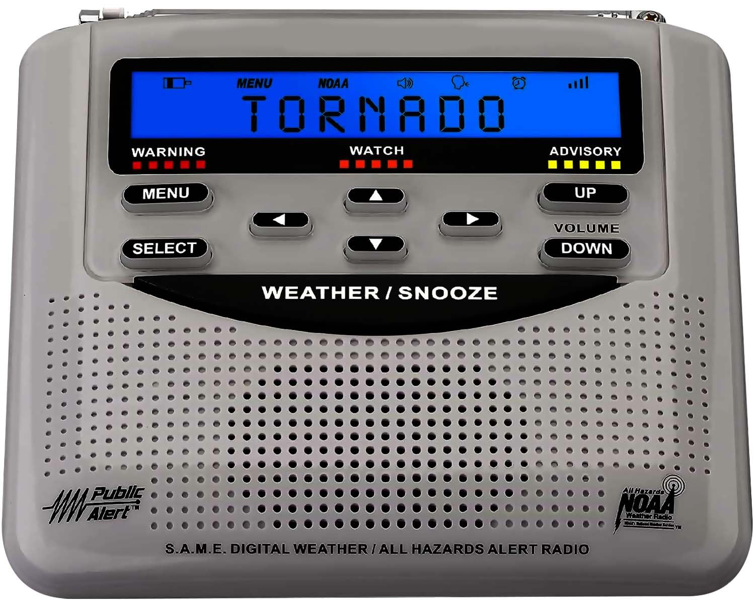 NOAA Weather Radio - Battery Operated Portable Radio - Thermal, Trilingual Display, 60+ Alerts Hot Cold - Works with Screen Door, Light Gray