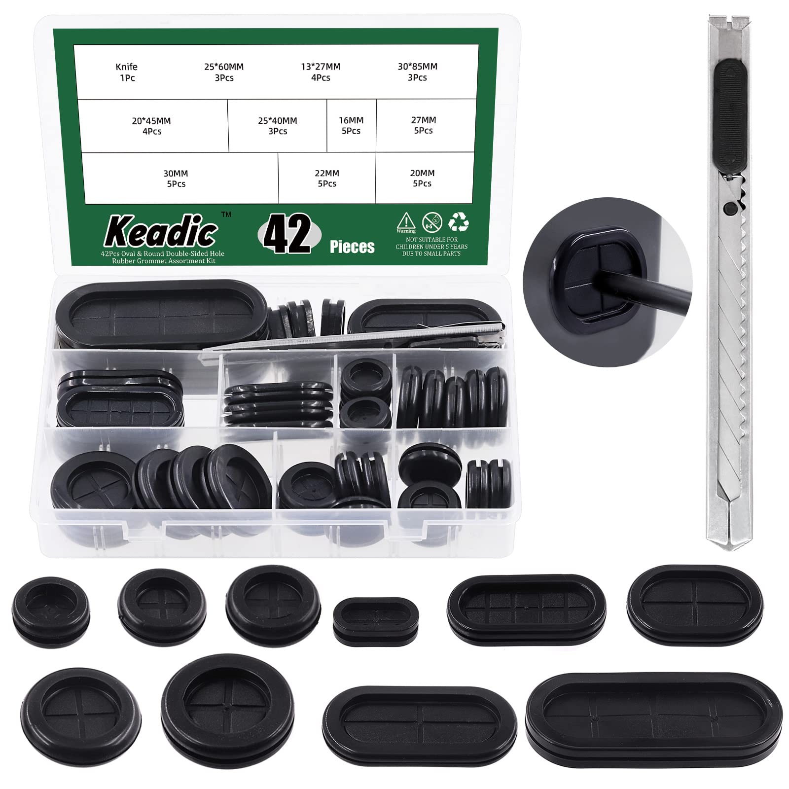 Keadic43 Pcs 10 Size Double-Sided Rubber Grommet Assortment Set with Knife, Black Oval and Round Synthetic Rubber Wire Protection Drill Hole Firewall Hole Plug for Vehicle Plumbing Automobile