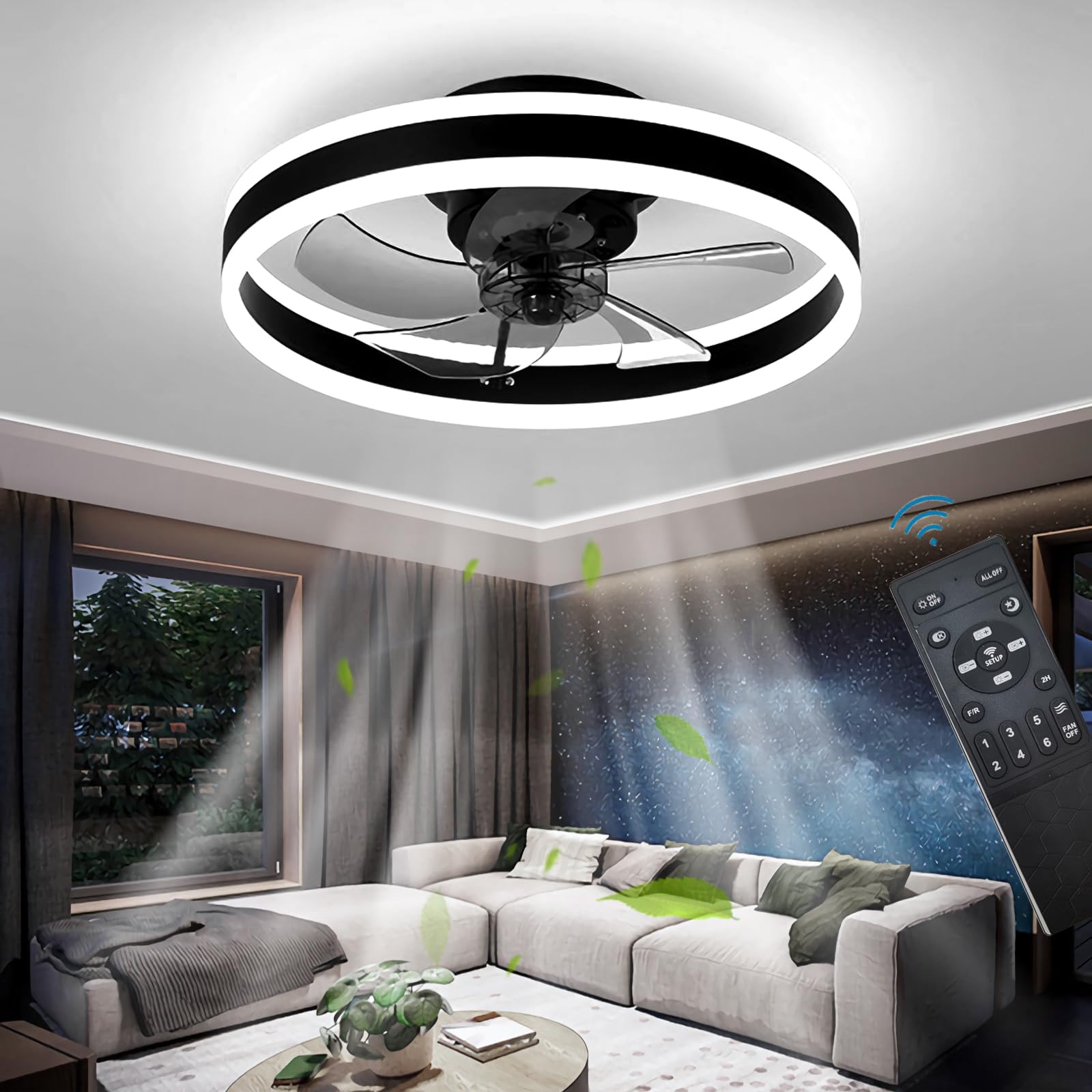 OMGPFR LED Ceiling Fans with Lights Reversible Remote, 6 Speeds Modern Bedroom Fan Ceiling Light Quiet Dimmable Small Ceiling Fan Light for Living Room, Black 50CM [Energy Class C]