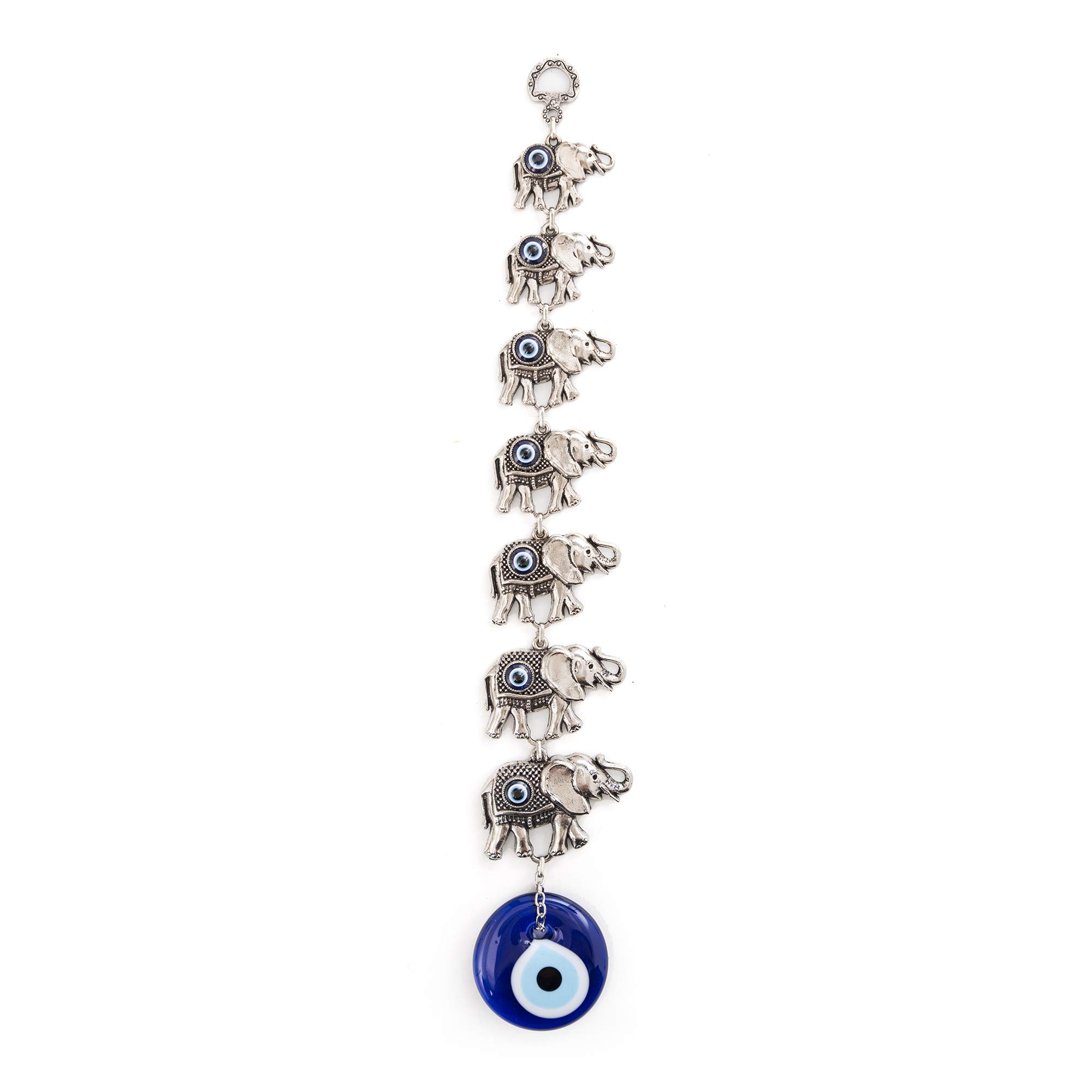 Erbulus Seven Elephants Glass Turkish Blue Evil Eye Wall Hanging Ornament – Silver Metal Home Decor - Turkish Nazar Bead Amulet - Protection and Good Luck Charm Gift