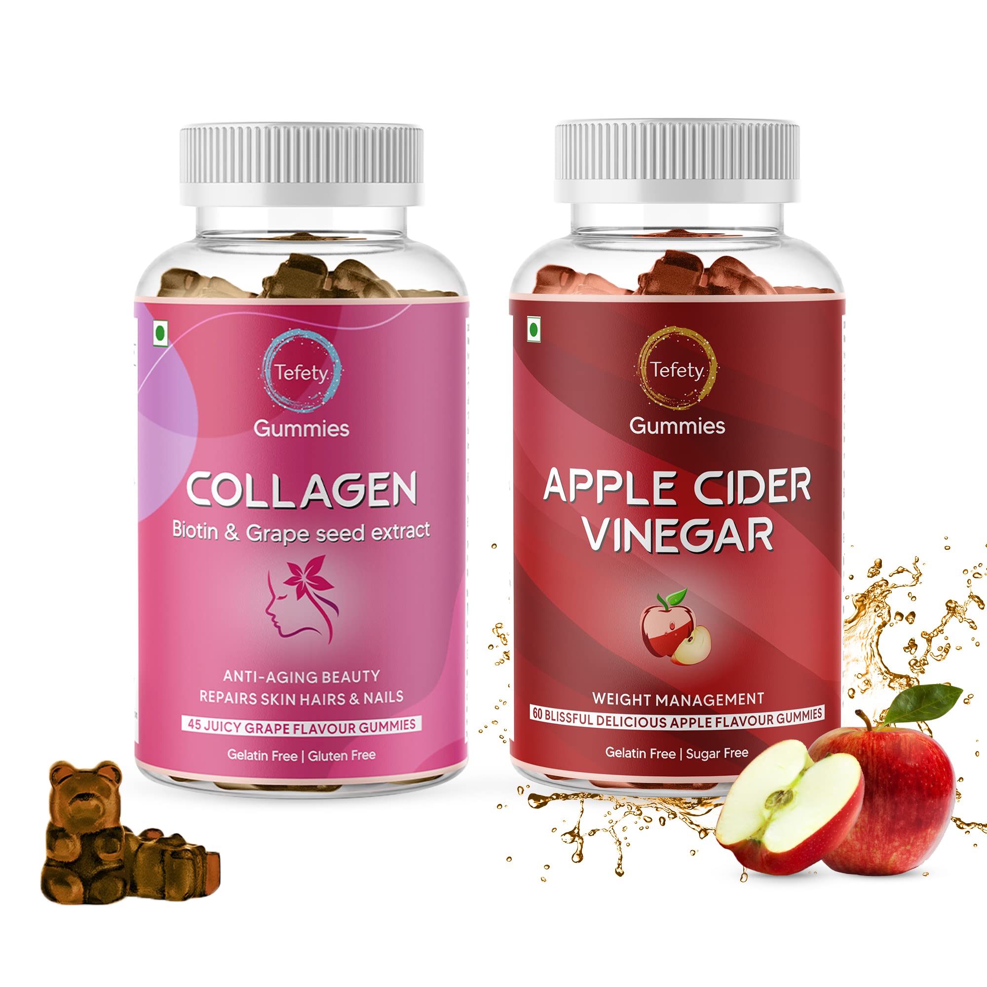 Tefety Apple Cider Vinegar &Collagen Biotin Gummies Combo |AVC for Weight Loss, Gut Health-Supports Digestion & Detox |Supplement for Hair, Skin & Nail with Goodness Of Vitamin C, E, Zinc|Gummy Bears