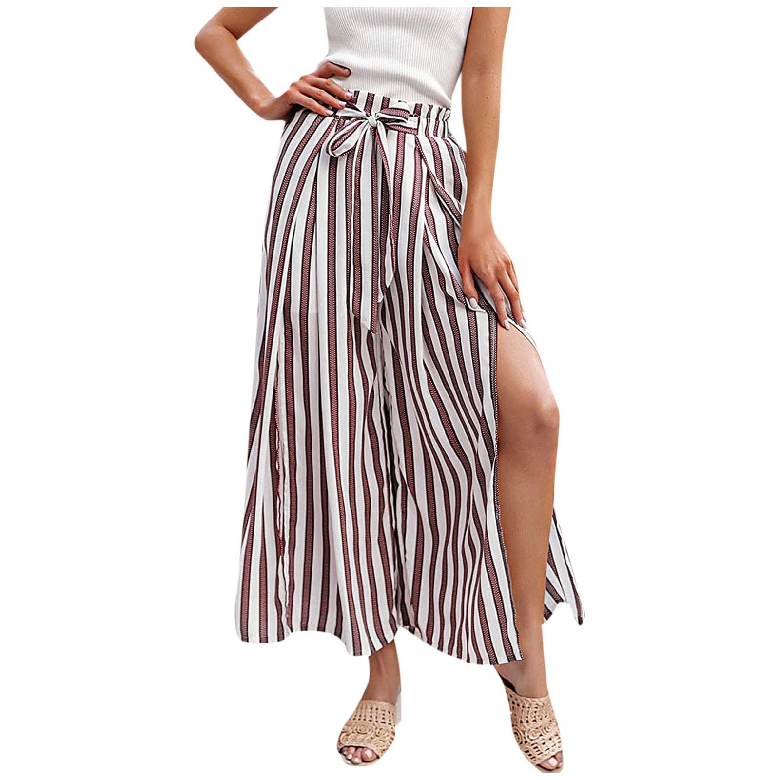 Women's Split Elastic Waist Wide Leg Tie Front Wrap Long Pants Wide Leg Pants