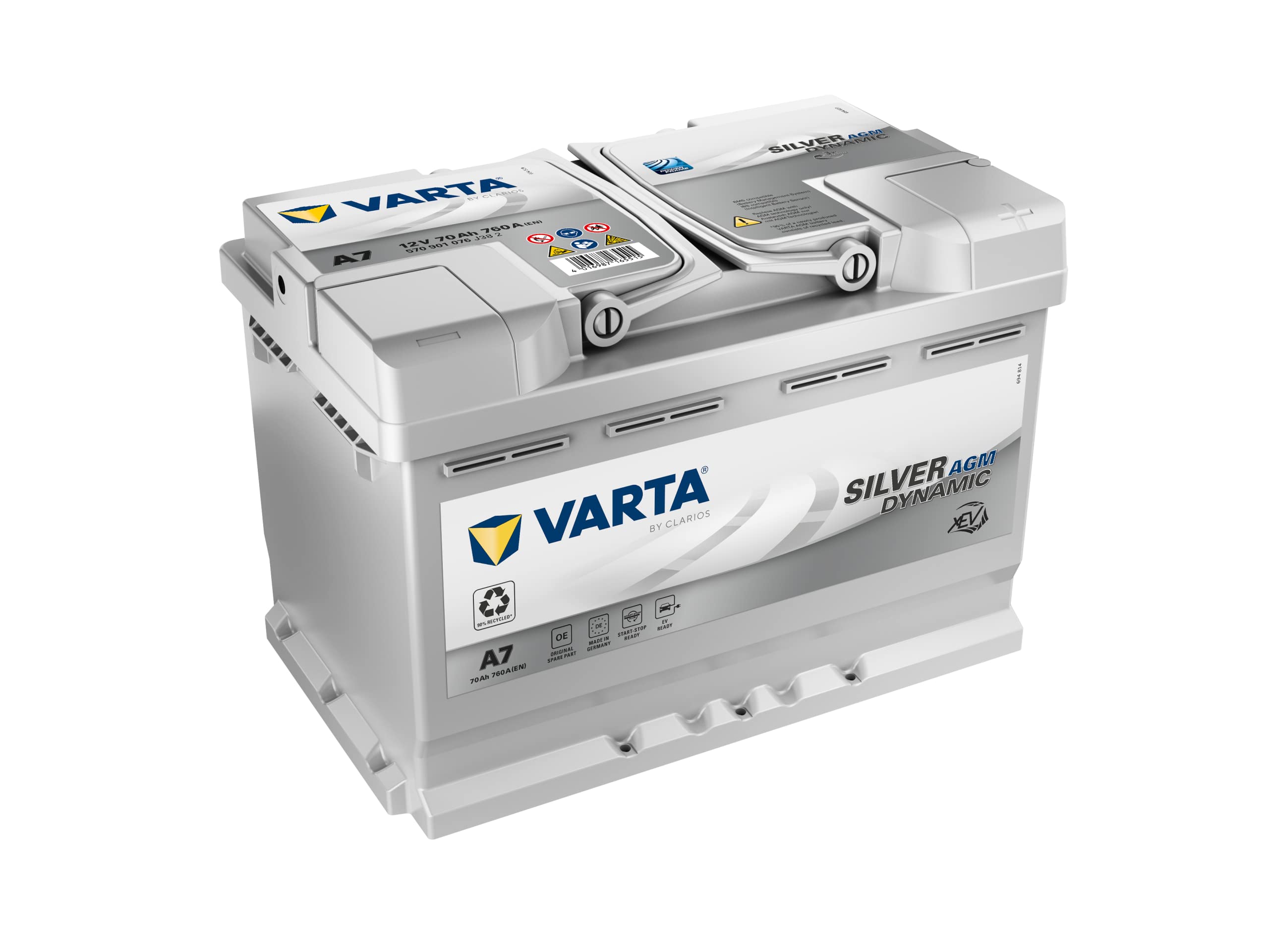 VARTASilver Dynamic AGM Battery A7 (E39) - Start-Stop and xEV Car Battery 12V 70Ah 760A - Starter Battery for Cars with High Energy Requirements