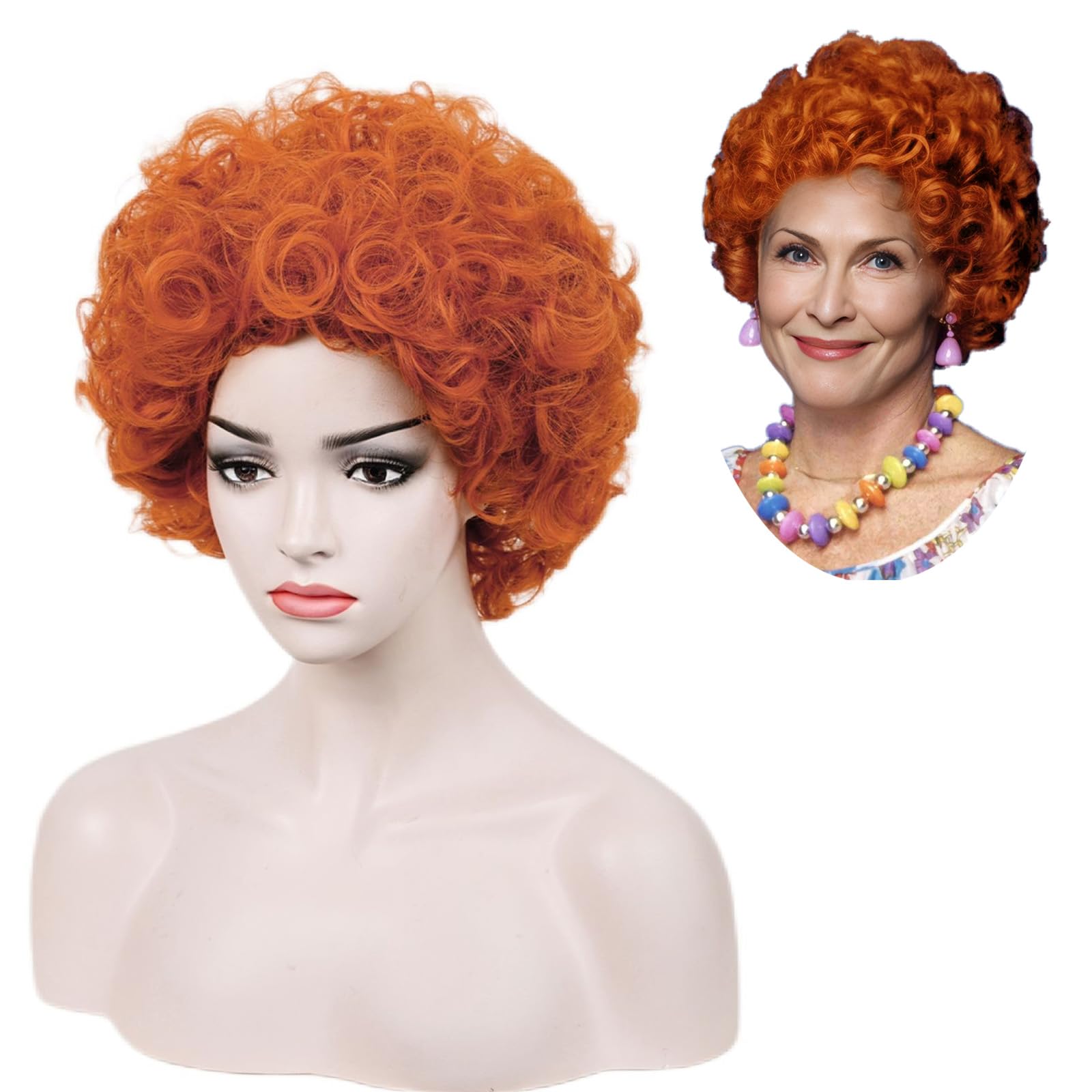 Aicos Short Reddish Orange Curly Wig for Men and Women Kaftan 60s 70s Hippie Wigs Retro Afro Curly Wig Halloween Party Costume+ Wig Cap